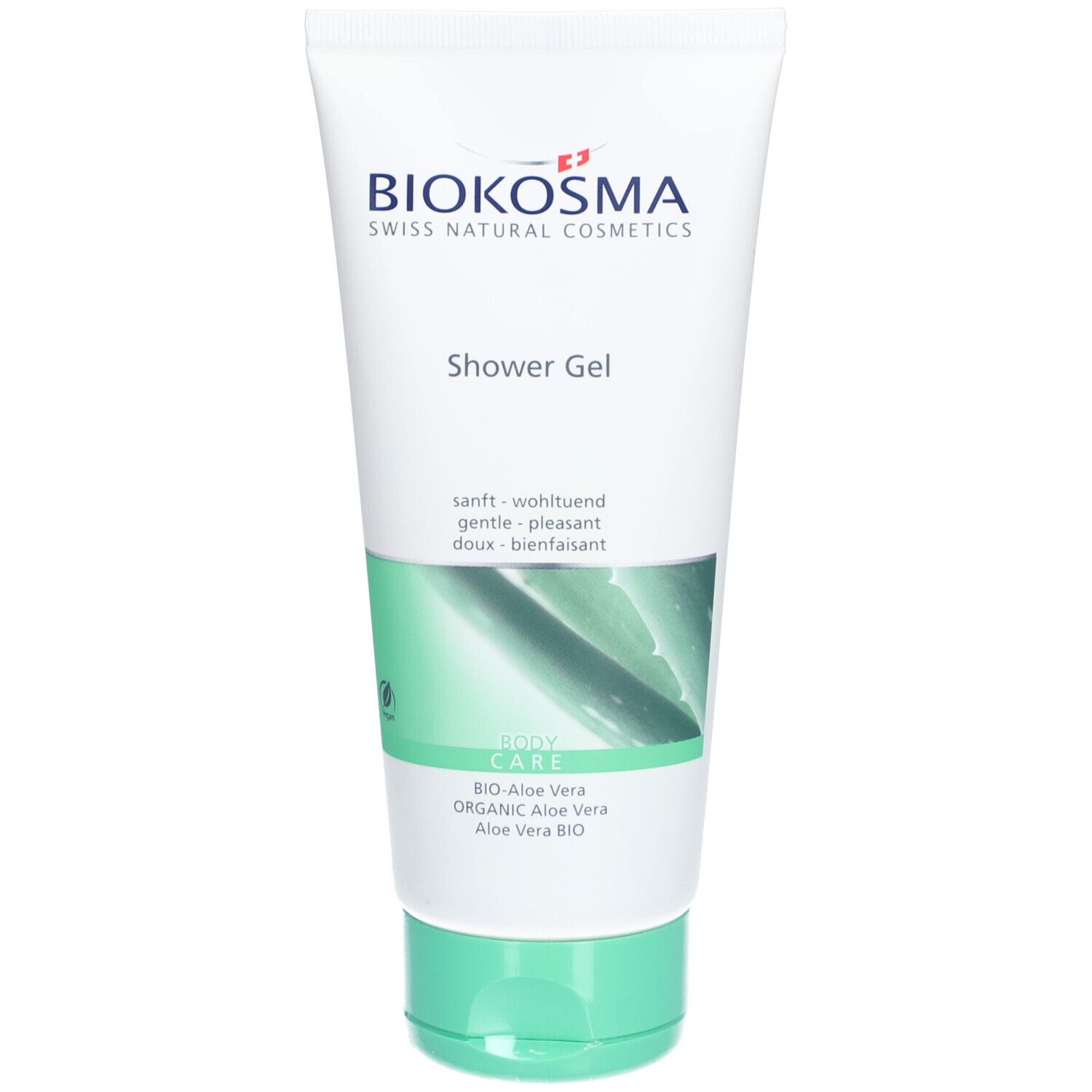 Tube blanche et verte. Logo "Biokosma". Inscription "Shower Gel". Mention "Bio-Aloe Vera". Bouchon à vis vert.