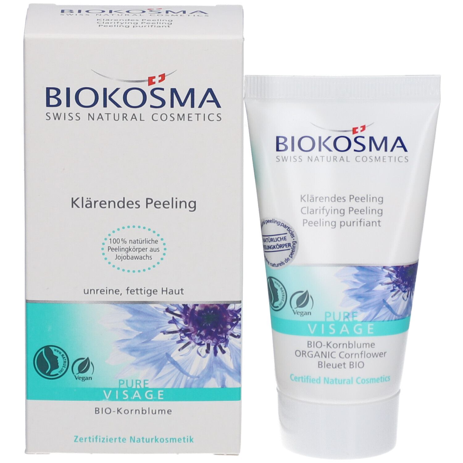 Productverpakking met tube. Doos en tube met BIOKOSMA-logo en productnaam 'Klärendes Peeling'.