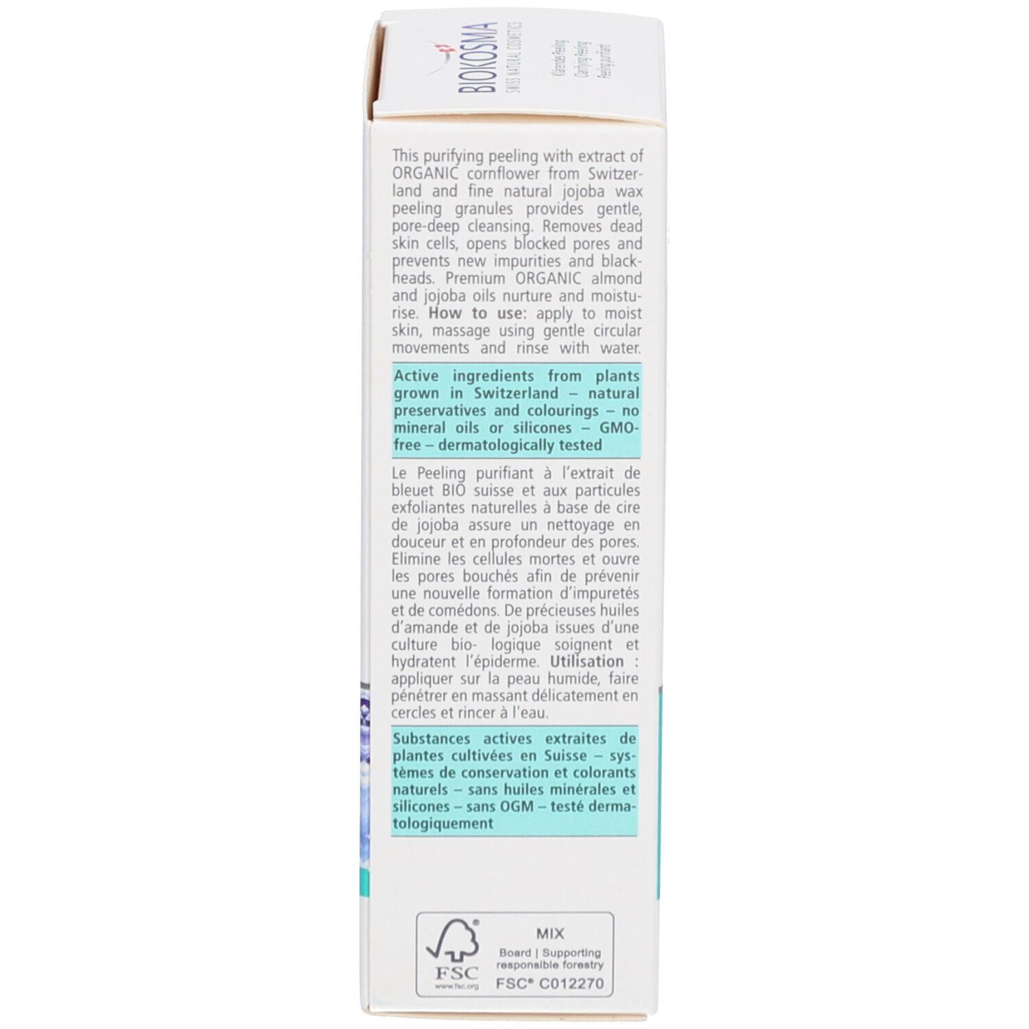 Achterkant van de productverpakking. Tekst in het Duits, Engels en Frans. Informatie over ingrediënten en herkomst.