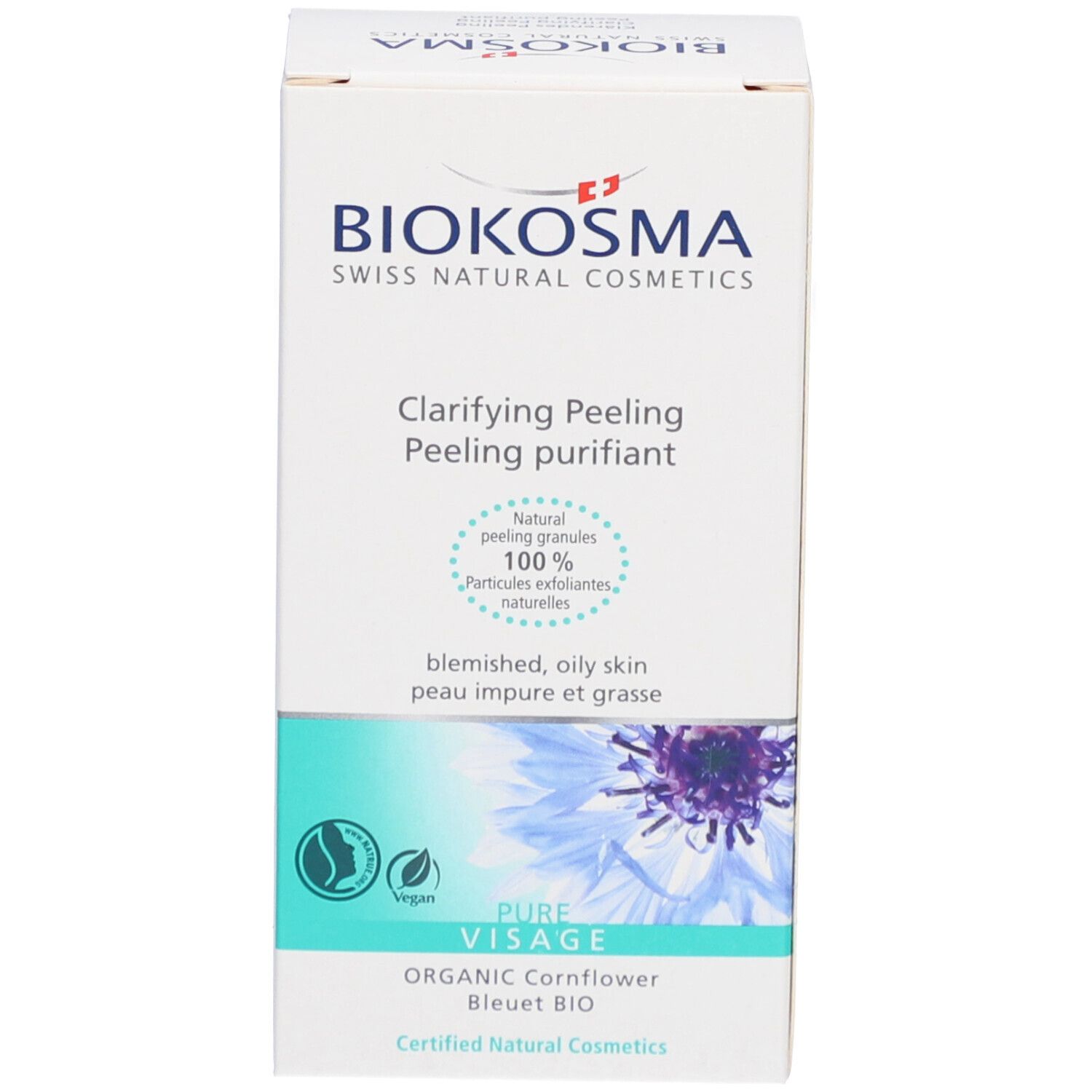 Productverpakking met BIOKOSMA-logo en productnaam 'Klärendes Peeling'. Voor onreine, vette huid.