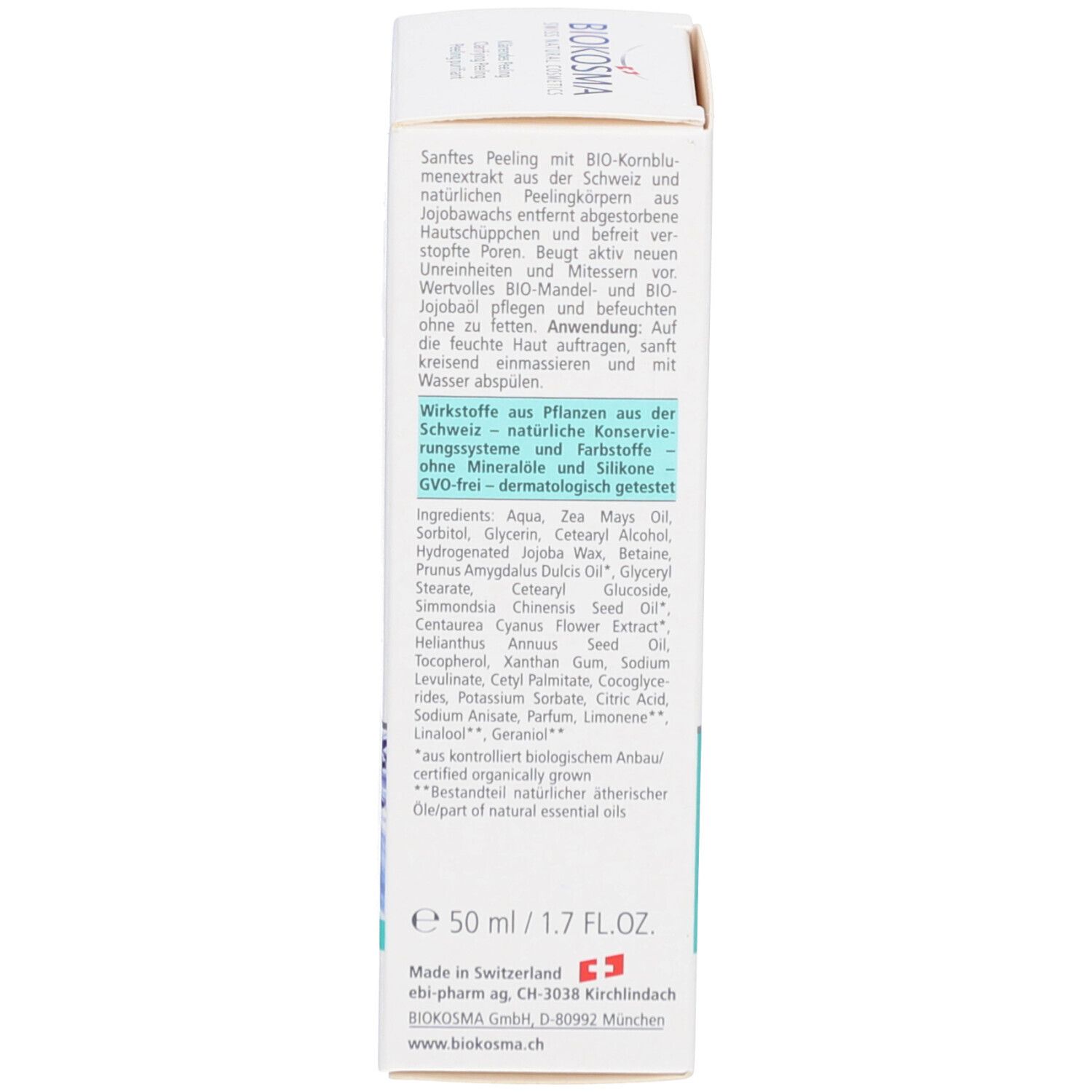 Zijkant van de productverpakking. Tekst in het Duits, Engels en Frans. Bevat informatie over ingrediënten.