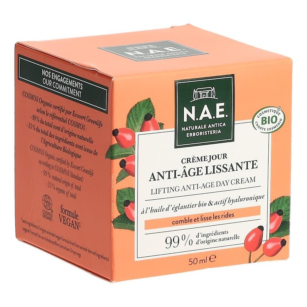 Boîte orange avec informations produit et logo. Texte: Crème Jour Anti-Âge Lissante, 99% d'ingrédients d'origine naturelle.