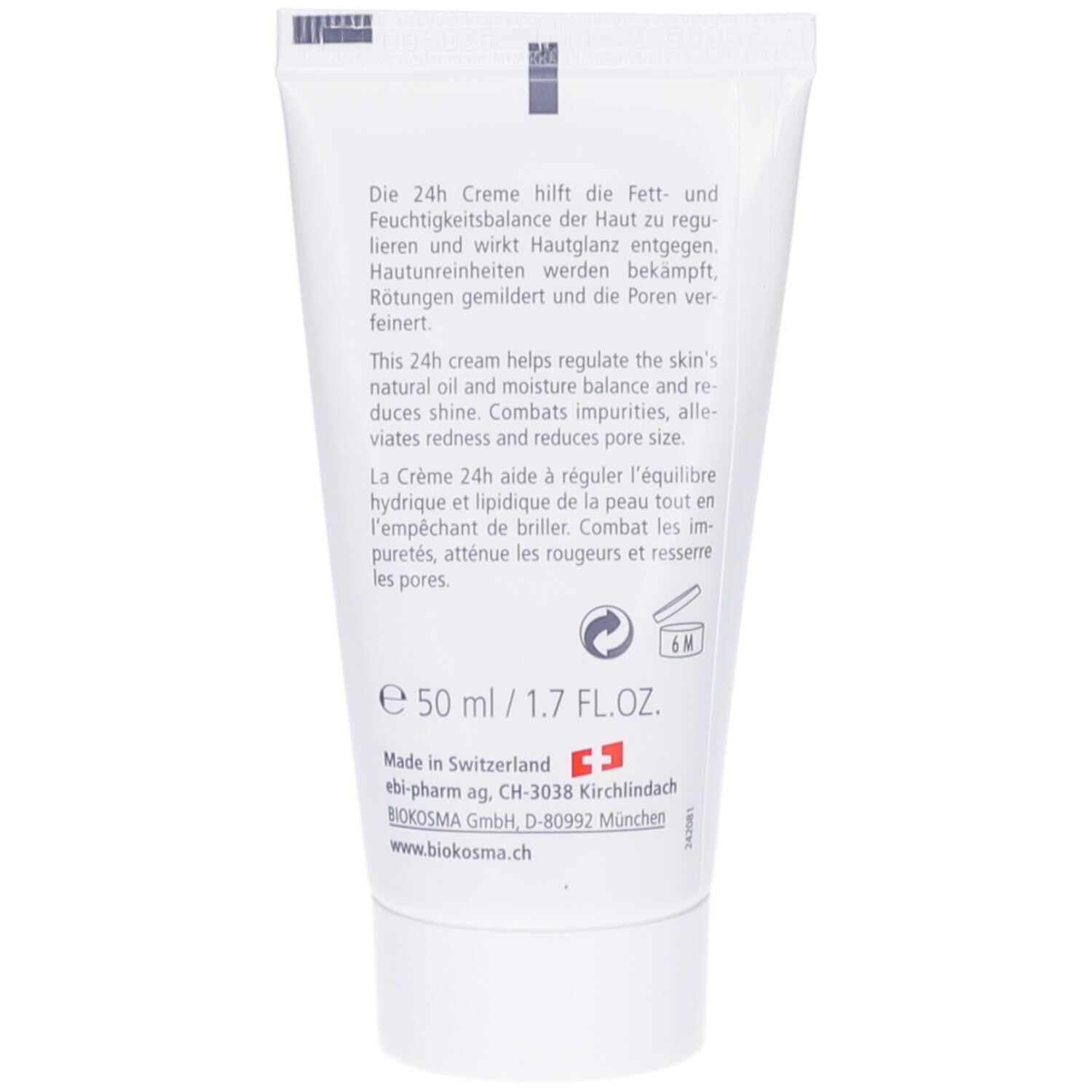 Dos du tube de crème. Texte: Crème 24h, régule l'équilibre cutané. Ingrédients, informations fabricant, 50 ml/1.7 FL.OZ.