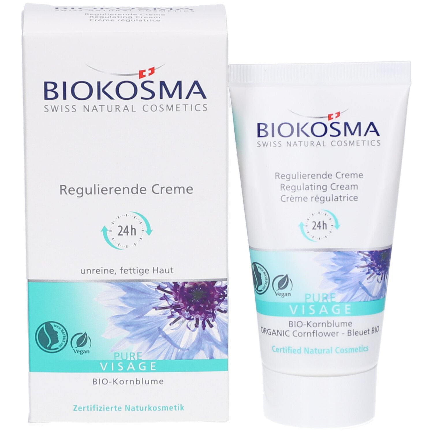 Emballage et tube. Emballage: logo BIOKOSMA, Crème régulatrice, 24h, Pure Visage. Tube: identique à l'image CH01105157-p10.