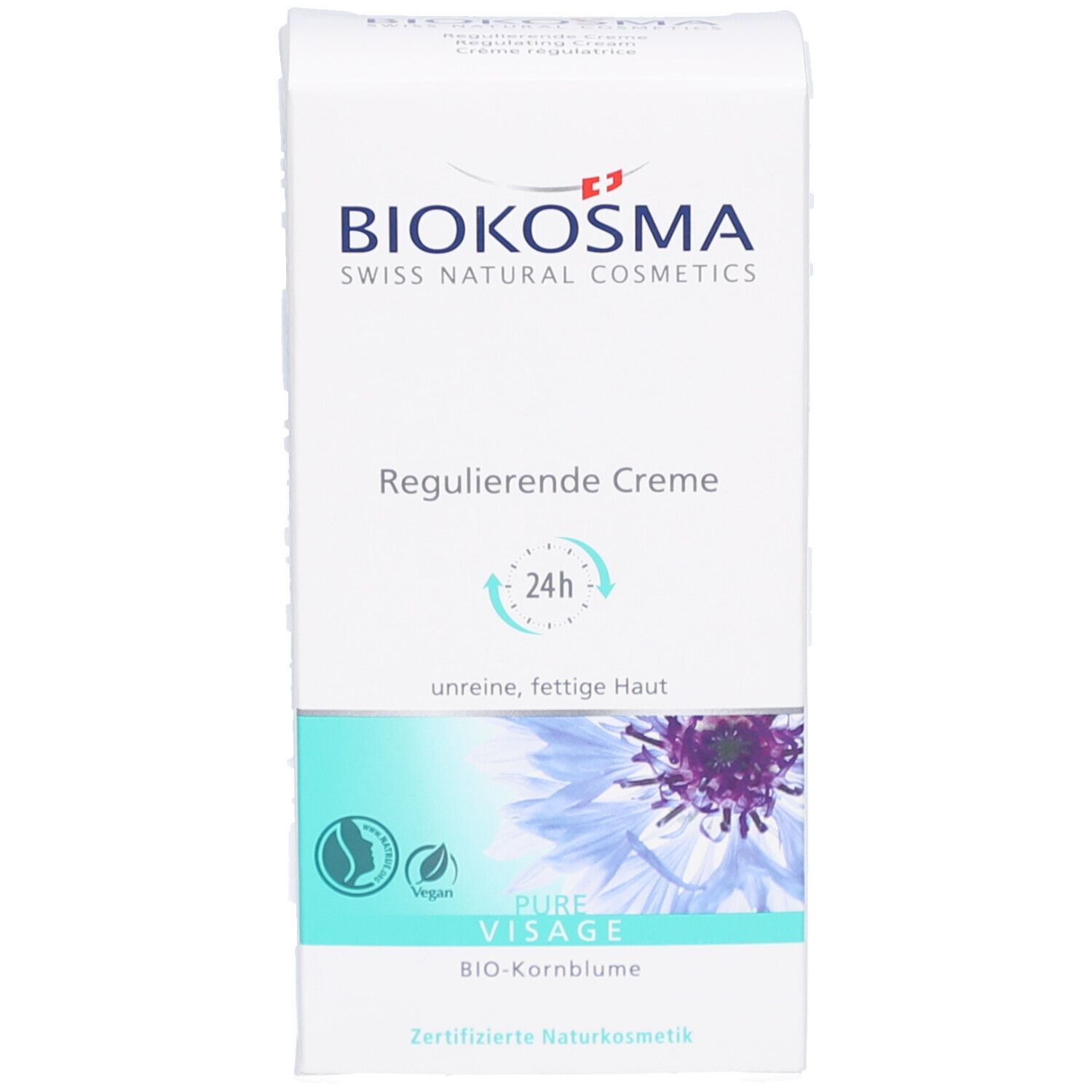 Emballage du produit. Logo BIOKOSMA, Crème régulatrice, 24h, pour peau impure et grasse. Pure Visage, BIO-Bleuet. Cosmétiques naturels certifiés.