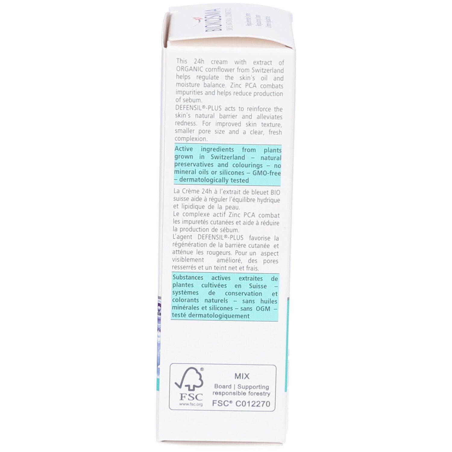 Dos de l'emballage du produit. Texte: Ingrédients, ingrédients actifs, certification FSC, informations fabricant.