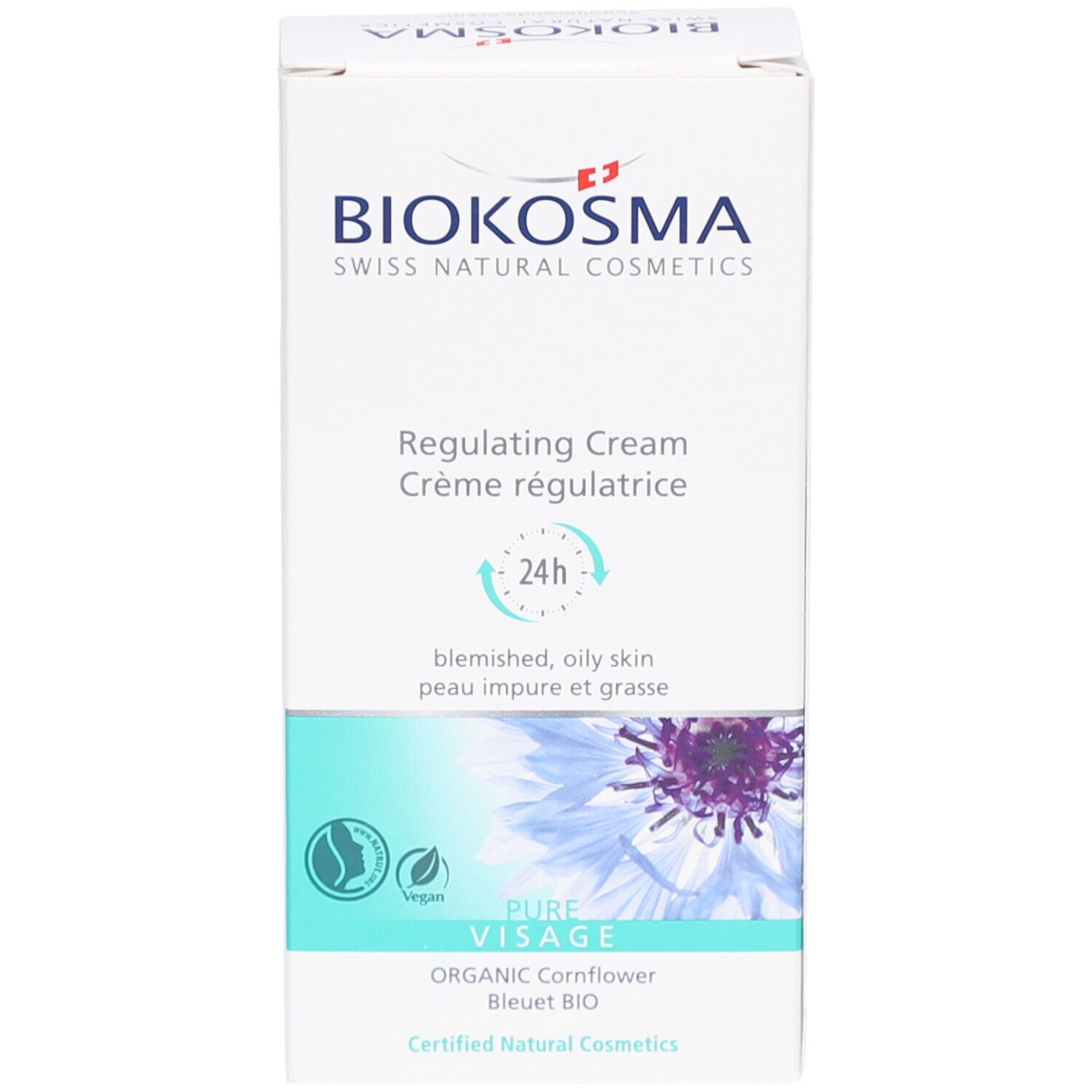 Emballage du produit. Logo BIOKOSMA, Crème régulatrice, 24h, pour peau impure et grasse. Pure Visage, BIO-Bleuet. Cosmétiques naturels certifiés.
