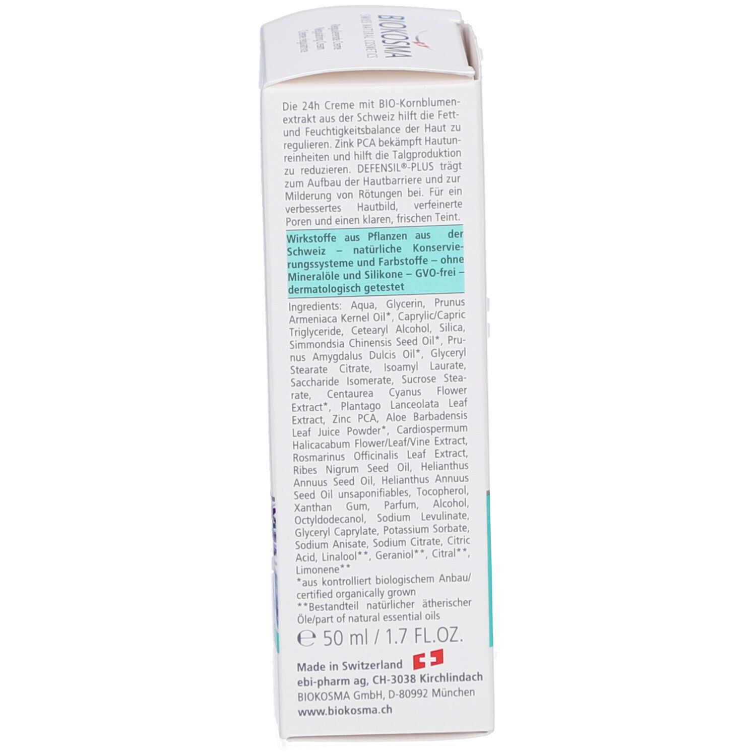Dos de l'emballage du produit. Texte: Ingrédients, informations fabricant, 50 ml/1.7 FL.OZ., sans OGM, testé dermatologiquement.