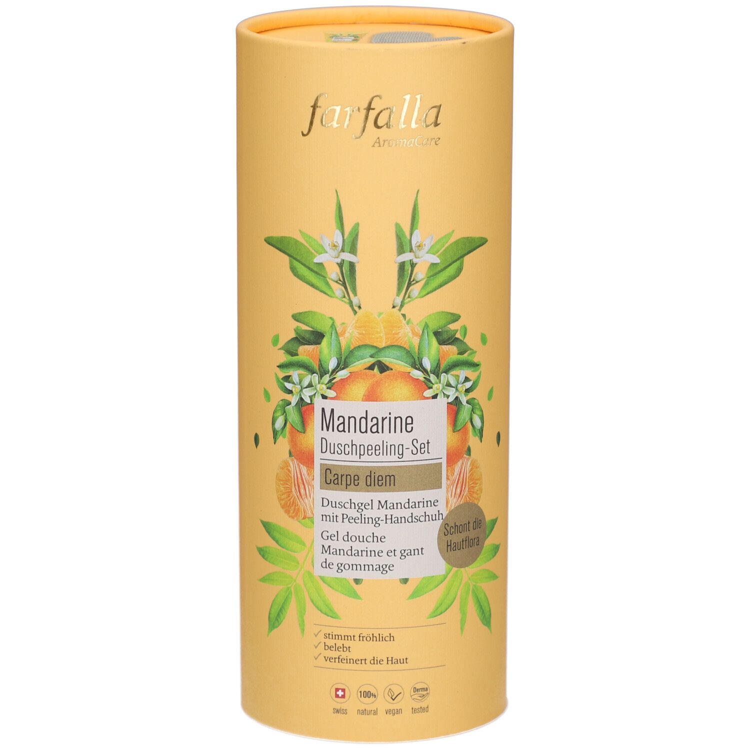 Gele cilindrische verpakking. Farfalla-logo. Mandarijn Douchepeeling Set. Illustraties van mandarijnen en bladeren. Tekst in het Duits en Frans.