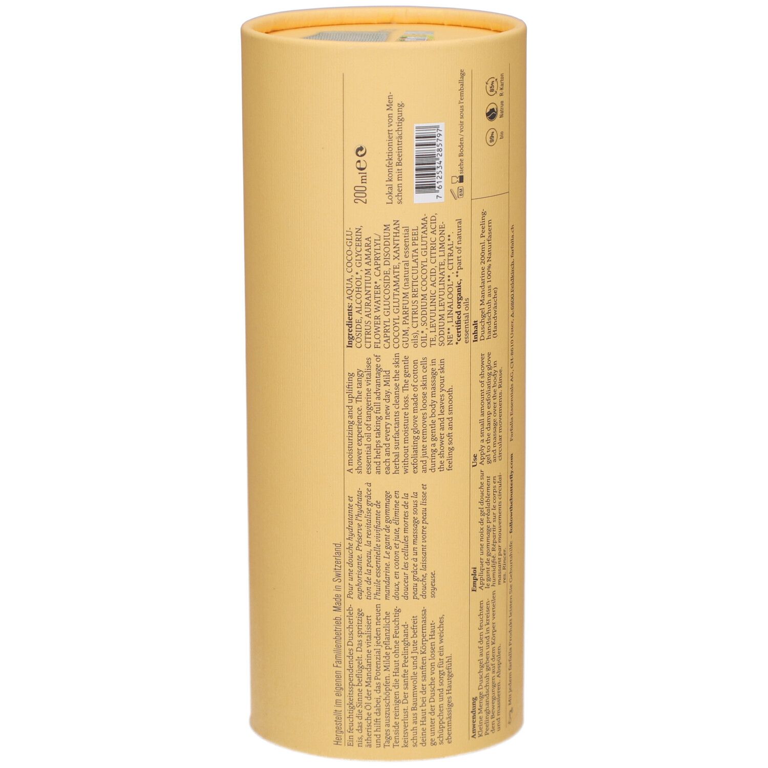 Gele cilindrische verpakking. Achterkant met tekst. Ingrediënten, fabrikant informatie en logo's.