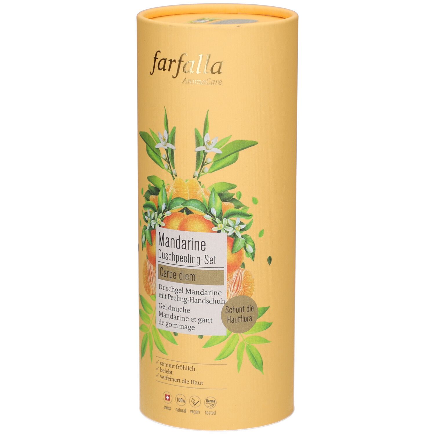 Gele cilindrische verpakking. Farfalla-logo. Mandarijn Douchepeeling Set. Illustraties van mandarijnen en bladeren. Tekst in het Duits en Frans.