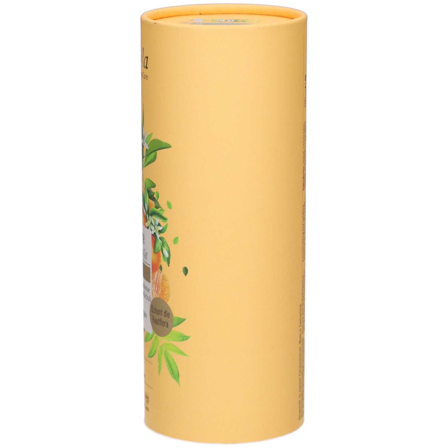 Gele cilindrische verpakking. Farfalla-logo. Illustraties van mandarijnen en bladeren. Tekst in het Duits en Frans.