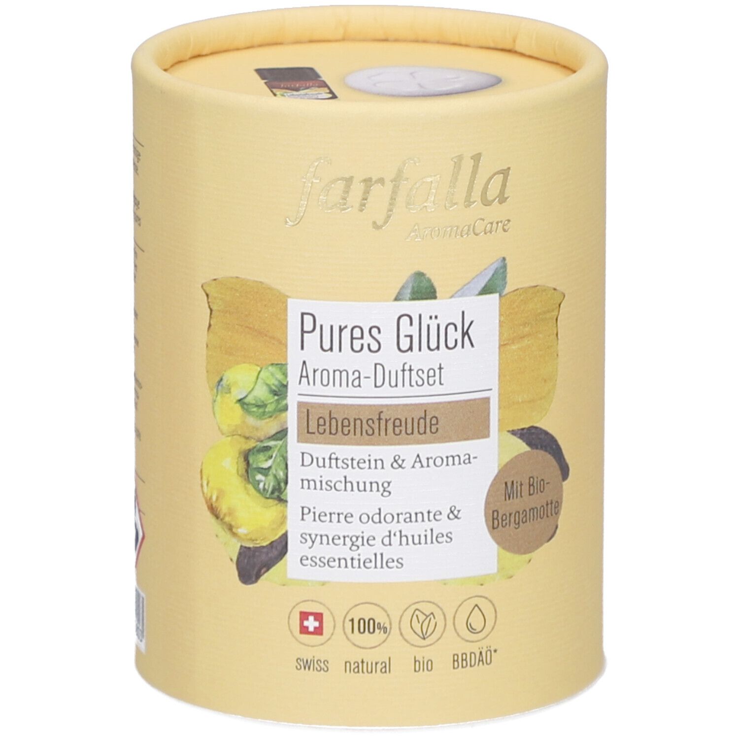 Cilindrische verpakking. Opschrift: Farfalla, Pures Glück Aroma-Duftset. Bevat geursteen & aromamix. Met bio-bergamot. Swiss natural bio.