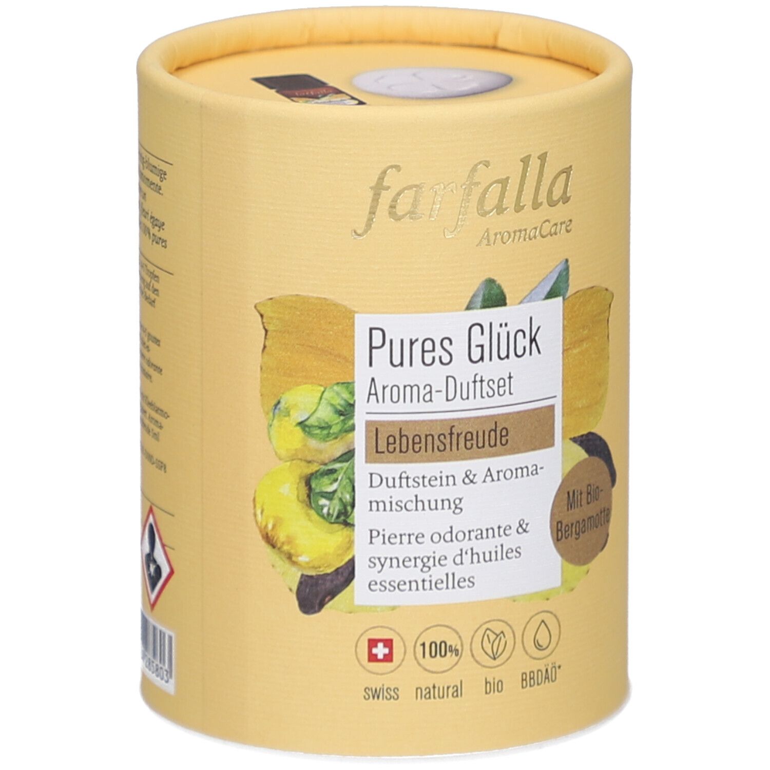 Cilindrische verpakking. Opschrift: Farfalla, Pures Glück Aroma-Duftset. Bevat geursteen & aromamix. Met bio-bergamot. Swiss natural bio.