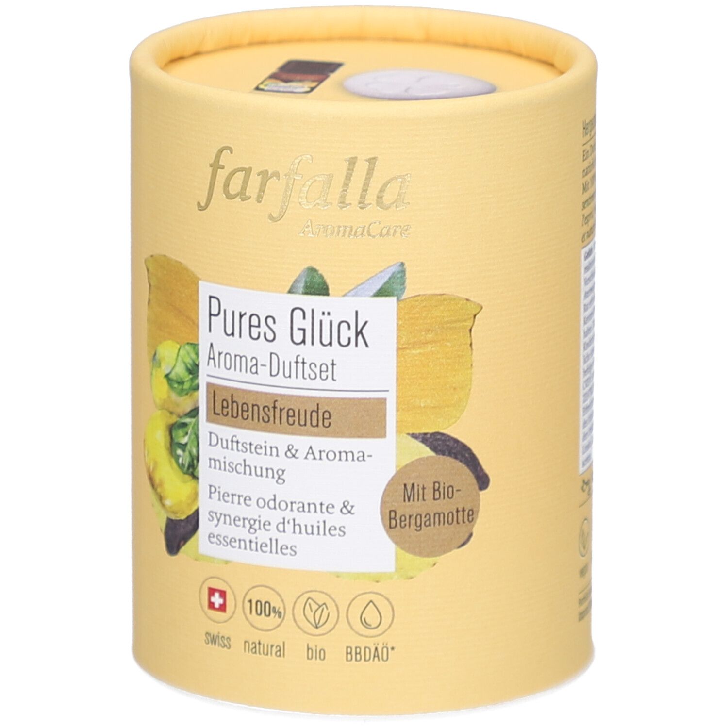 Cilindrische verpakking. Opschrift: Farfalla, Pures Glück Aroma-Duftset. Bevat geursteen & aromamix. Met bio-bergamot. Swiss natural bio.