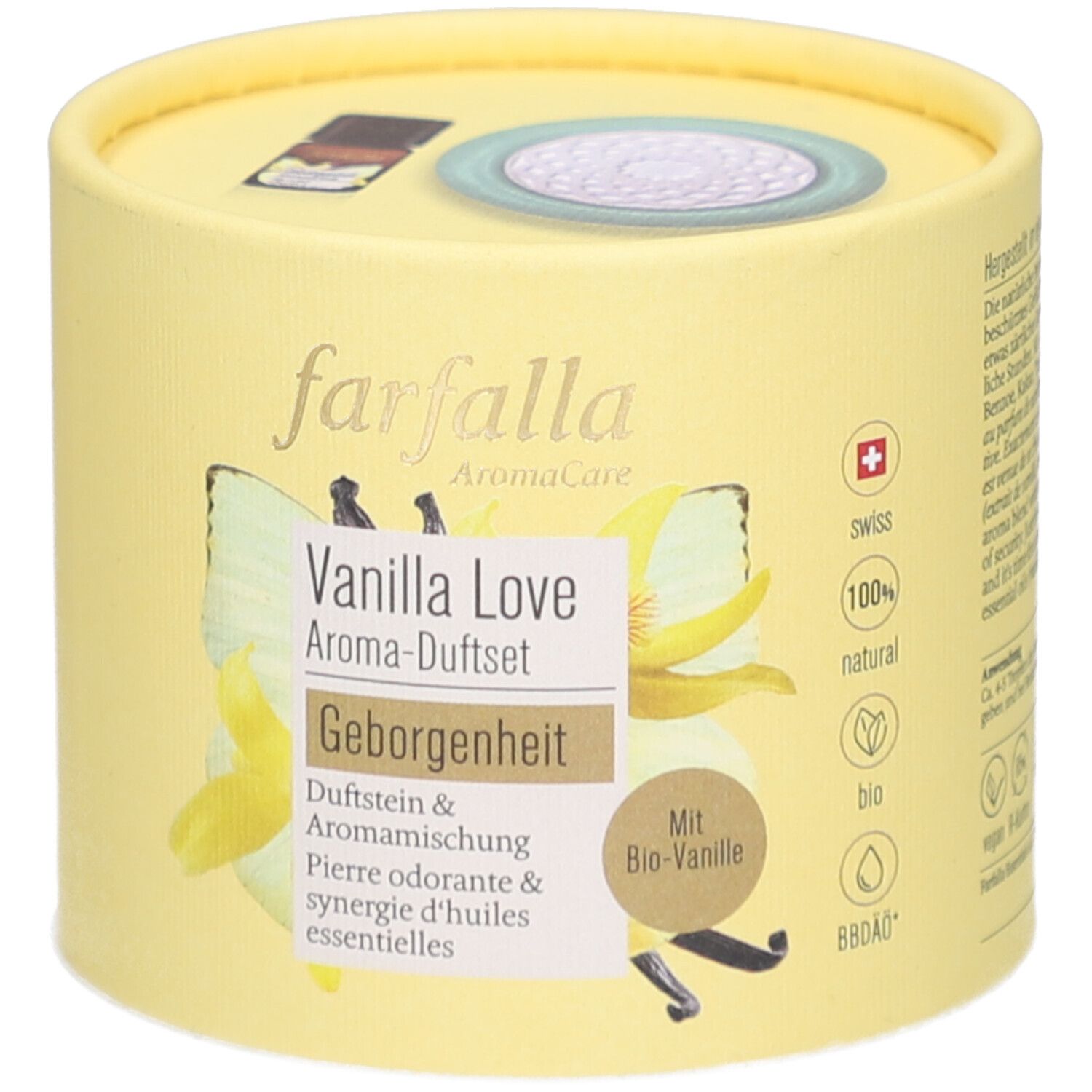 Emballage rond jaune. Inscription: Farfalla AromaCare, Vanilla Love Aroma-Duftset, Geborgenheit. Croix suisse, label bio.