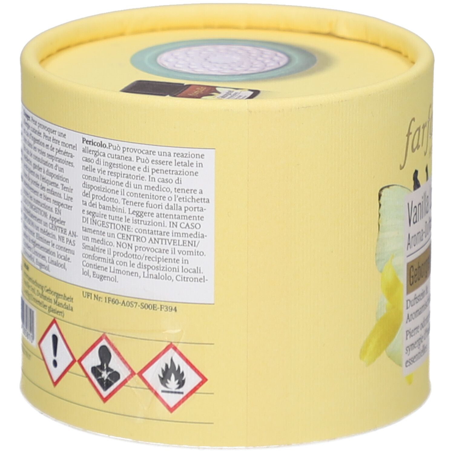 Emballage rond jaune. Inscription: Farfalla AromaCare, Vanilla Love Aroma-Duftset. Symboles de danger. Texte en allemand et italien.
