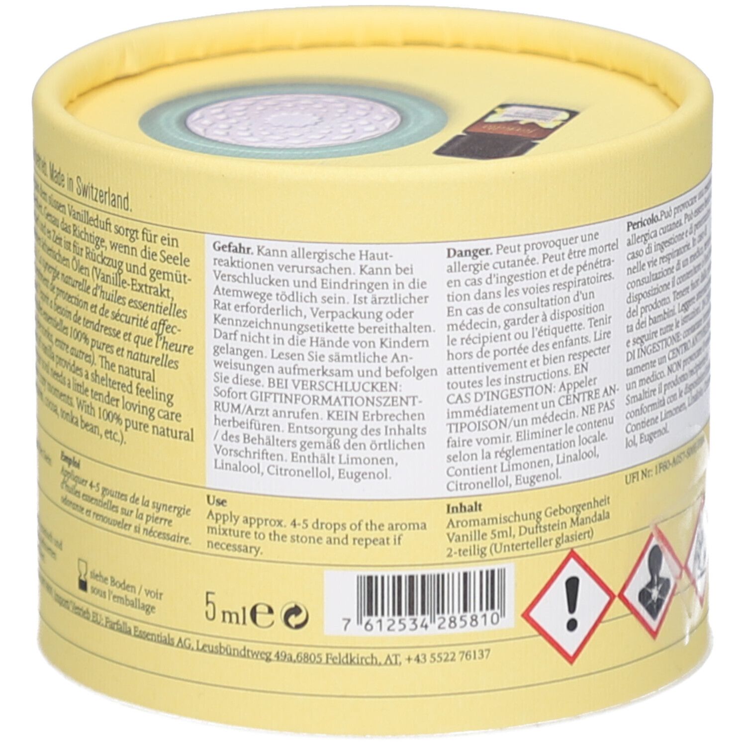 Emballage rond jaune. Inscription: Farfalla AromaCare, Vanilla Love Aroma-Duftset. Texte en allemand et français. 5ml.