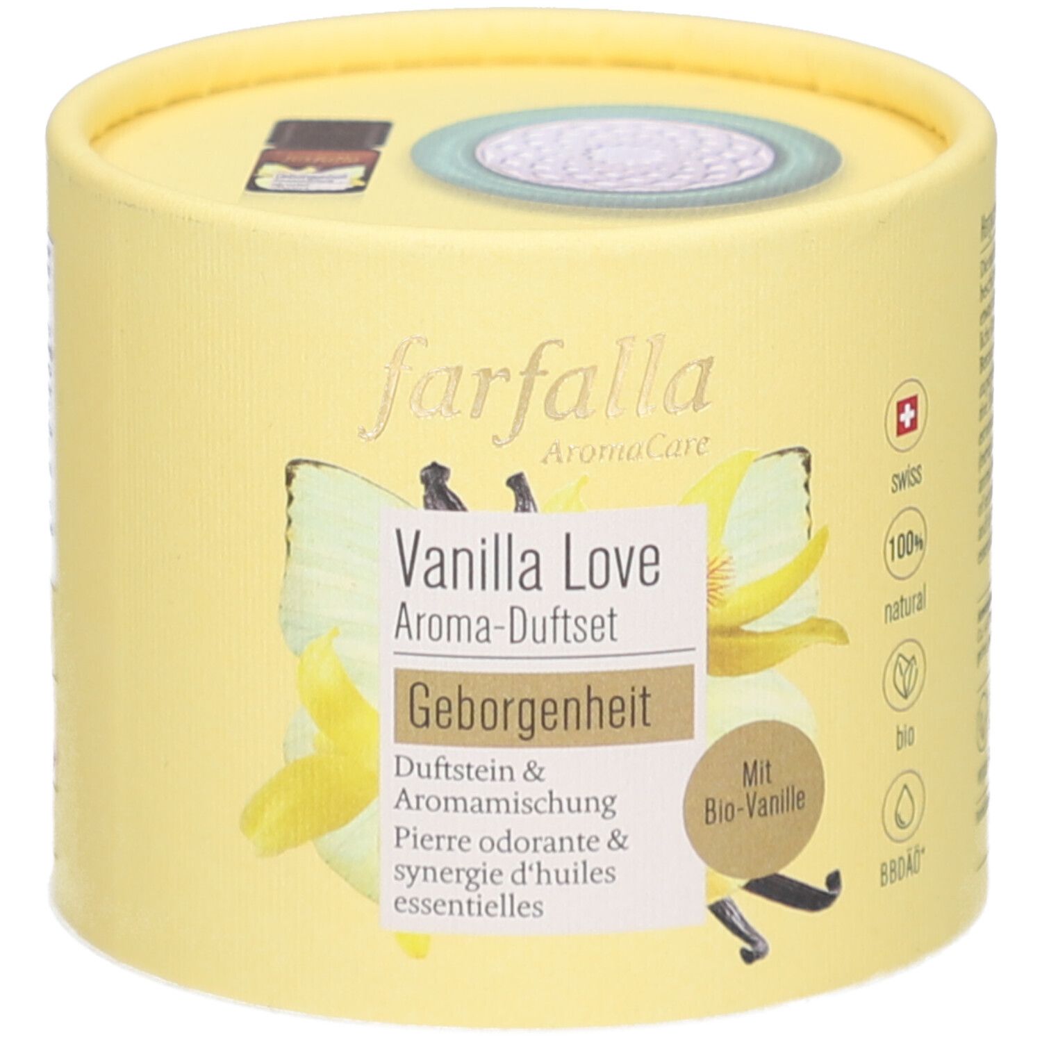 Emballage rond jaune. Inscription: Farfalla AromaCare, Vanilla Love Aroma-Duftset, Geborgenheit. Croix suisse, label bio.