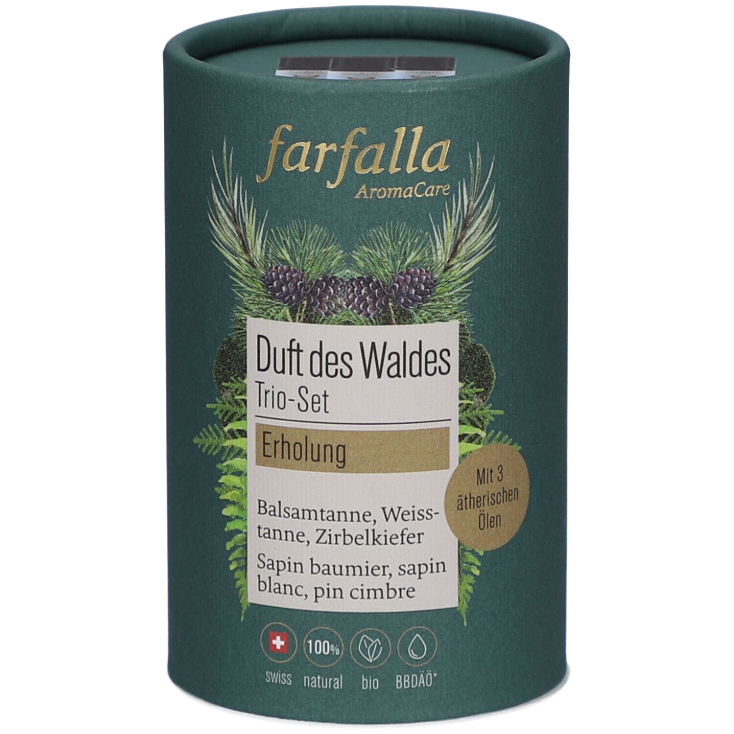 Cilindrische groene verpakking. Opschrift: farfalla AromaCare, Duft des Waldes Trio-Set, Erholung. Met 3 etherische oliën. Swiss natural bio.