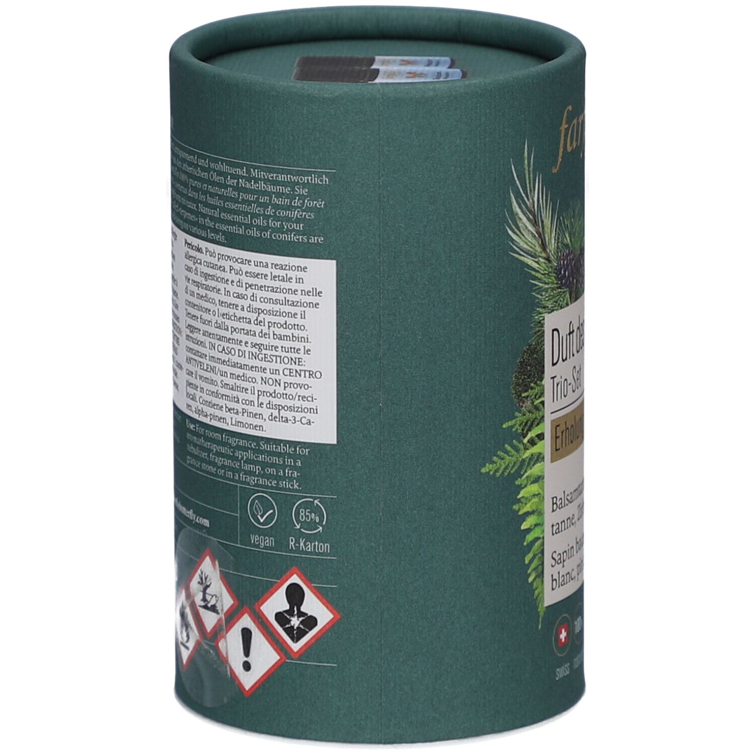 Groene cilindrische verpakking. Tekst: informatie over ingrediënten, waarschuwingen, gebruiksaanwijzing. Vegan, R-Karton. Gevarensymbolen.