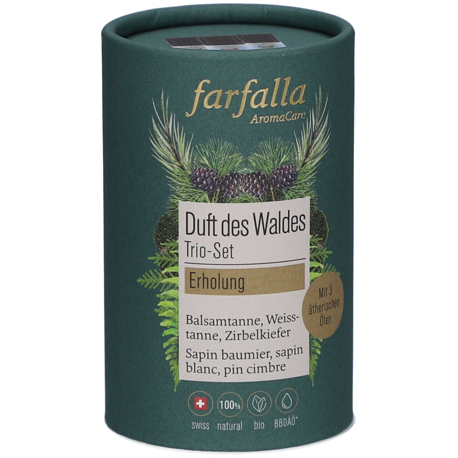 Cilindrische groene verpakking. Opschrift: farfalla AromaCare, Duft des Waldes Trio-Set, Erholung. Met 3 etherische oliën. Swiss natural bio.