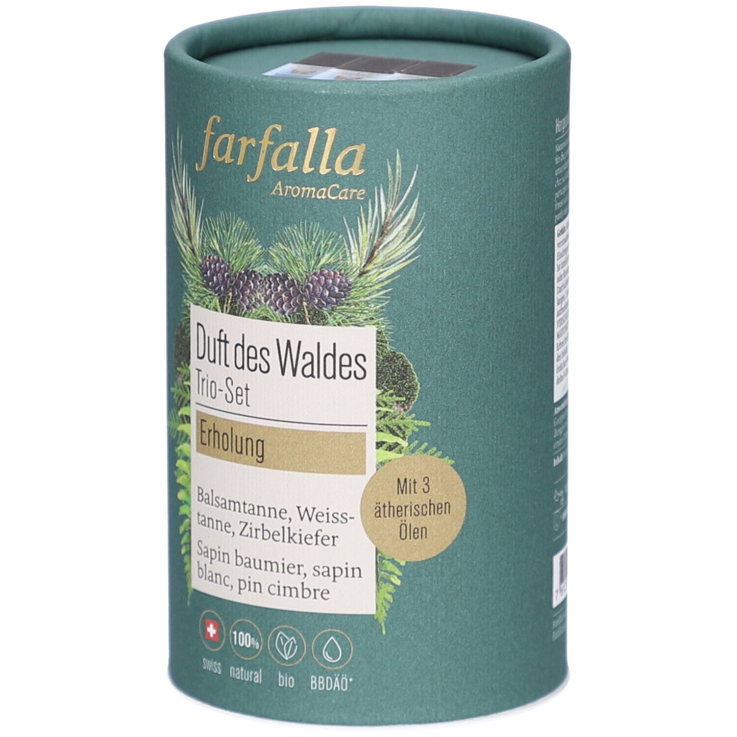 Cilindrische groene verpakking. Opschrift: farfalla AromaCare, Duft des Waldes Trio-Set, Erholung. Met 3 etherische oliën. Swiss natural bio.