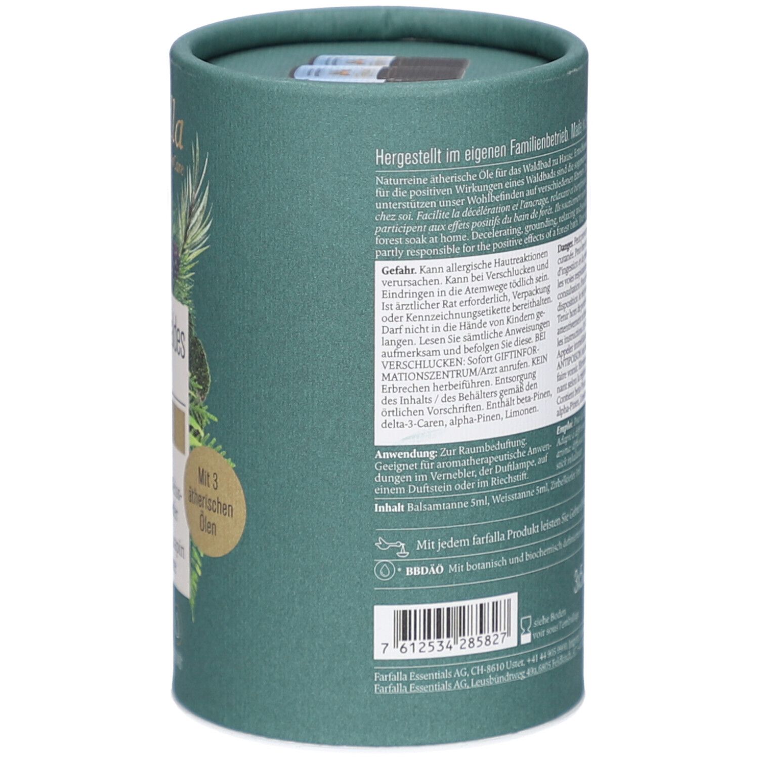 Groene cilindrische verpakking. Tekst: informatie over ingrediënten, gebruiksaanwijzing. Met botanische en biochemisch gedefinieerde etherische oliën.