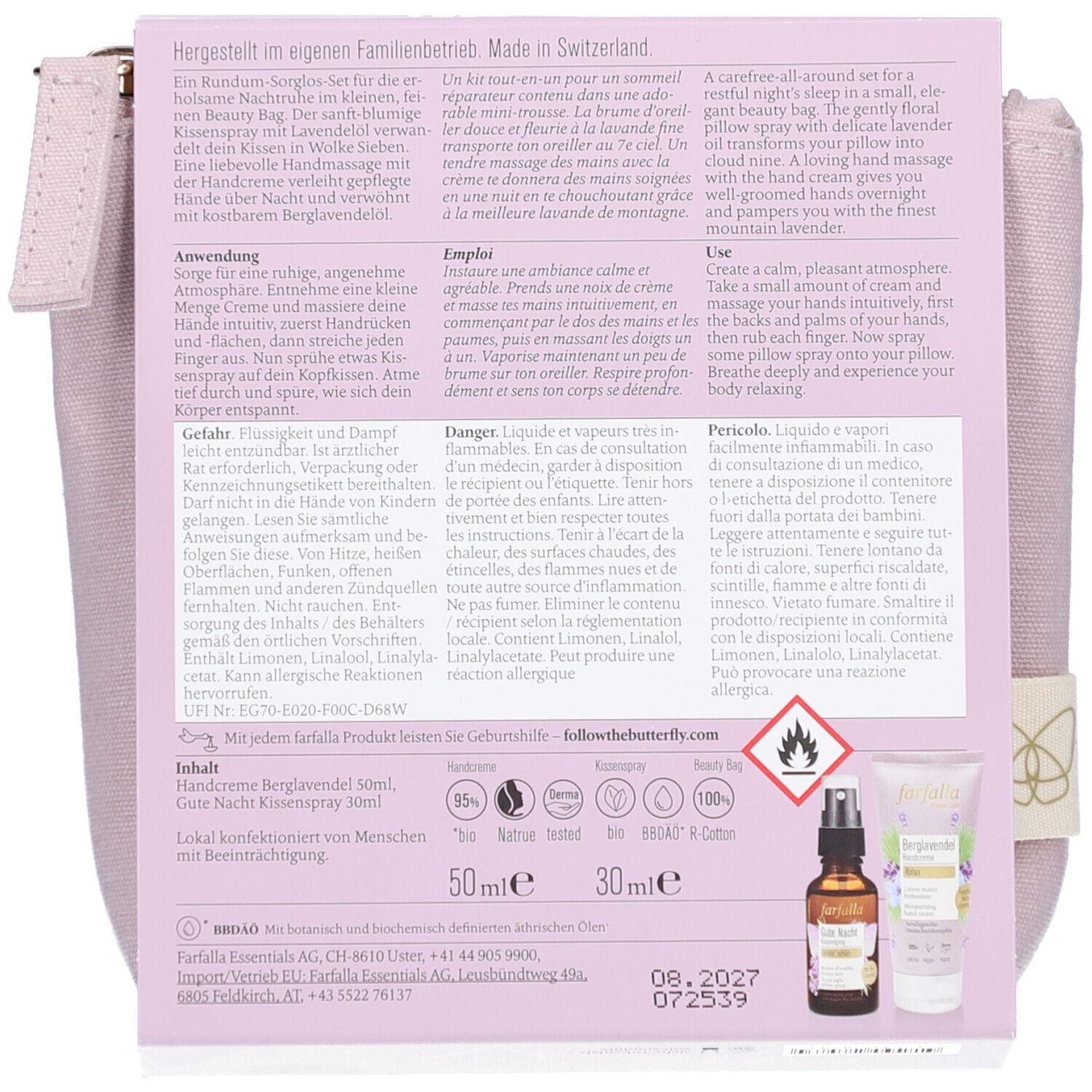 Achterkant van de productverpakking. Tekst, logo's en productafbeeldingen: kussenspray, handcrème. Ingrediënten, waarschuwingen, certificeringen.