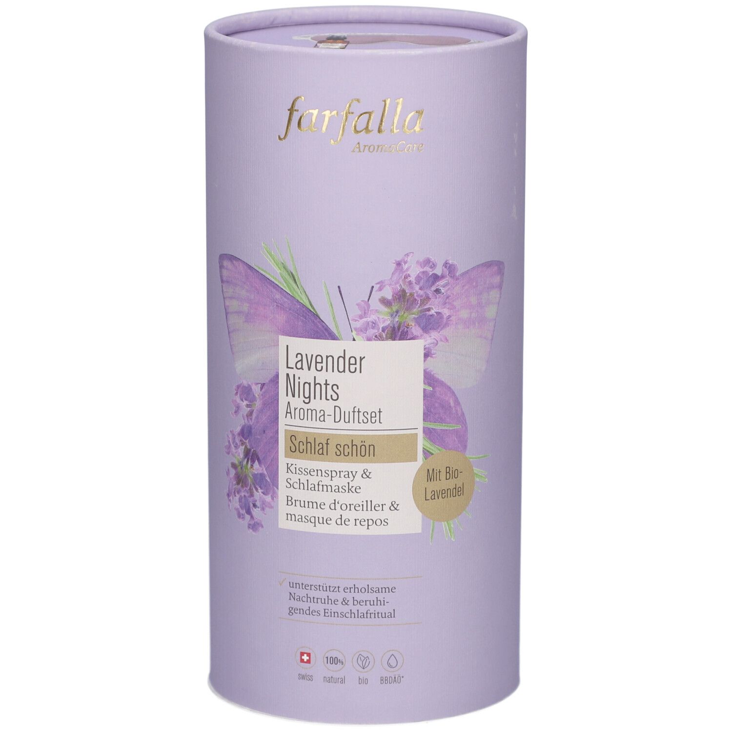 Cilindrische verpakking, paars. Opschrift: Farfalla, Lavender Nights Aroma-Duftset. Afbeelding: lavendelbloemen en vlinder.