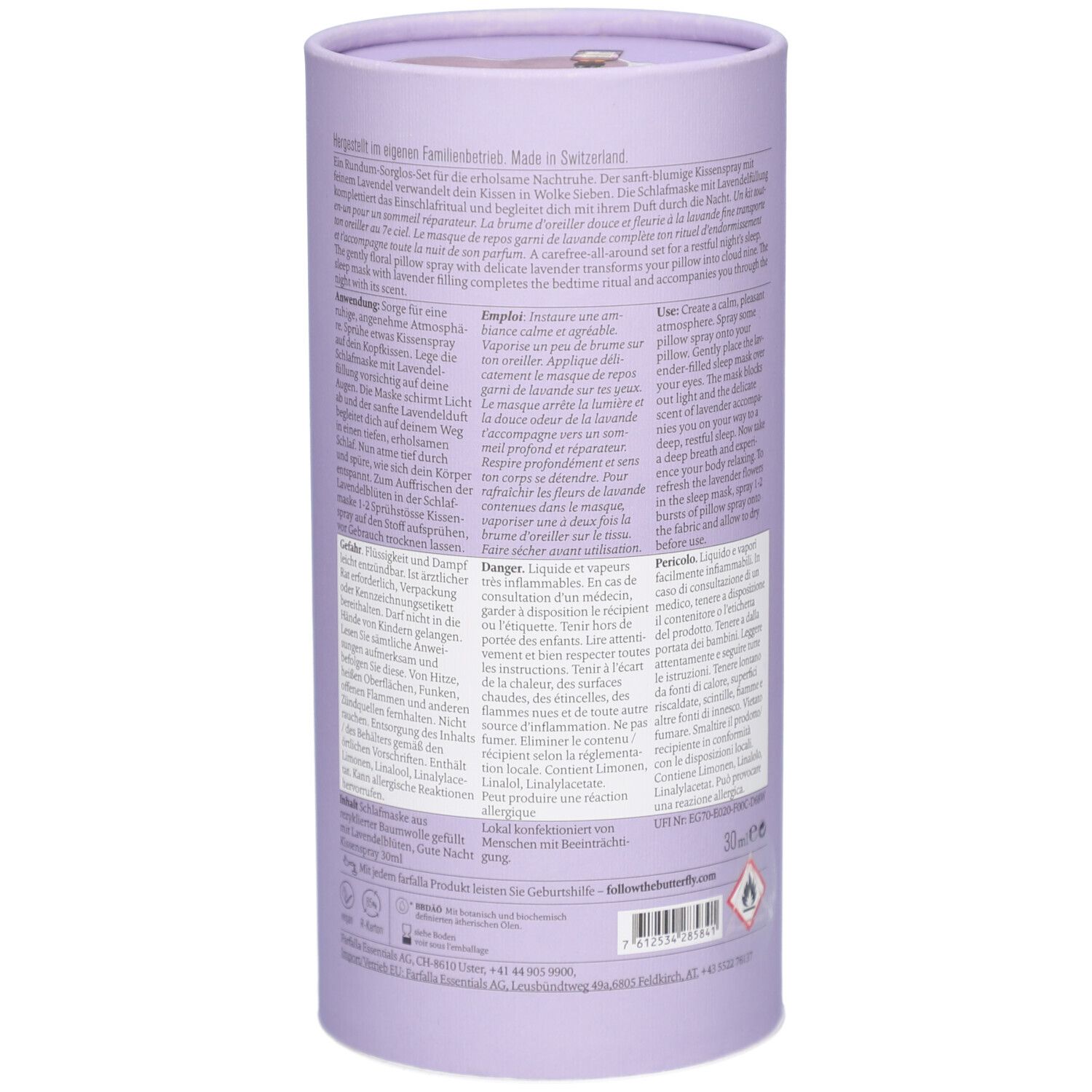 Cilindrische verpakking, paars. Tekst op de achterkant. Opschrift: Farfalla, Lavender Nights Aroma-Duftset. Gemaakt in Zwitserland.