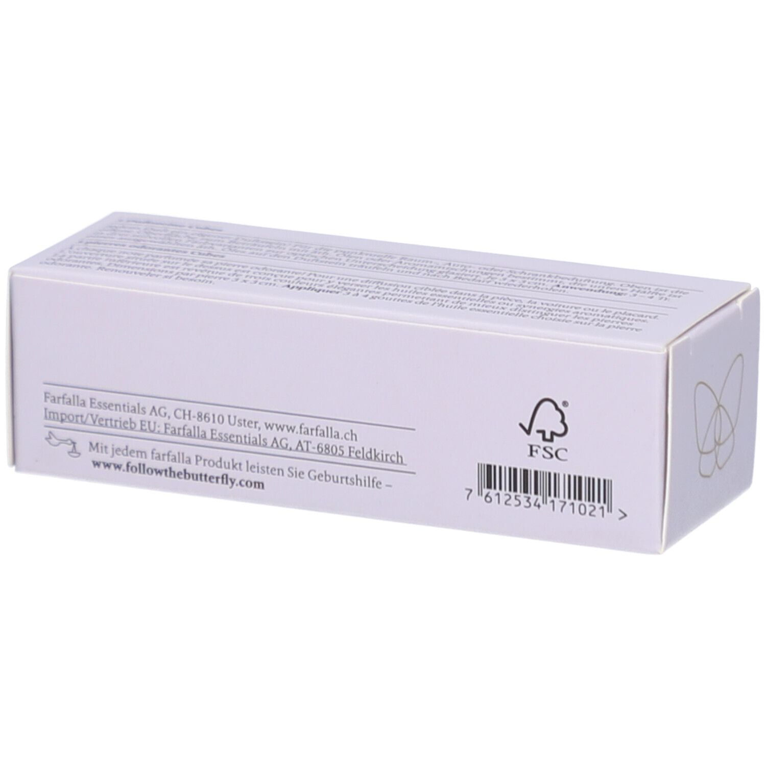 Boîte blanche, dos. Texte : farfalla Essentials AG, logo FSC, code-barres. Inscription : www.followthebutterfly.com.