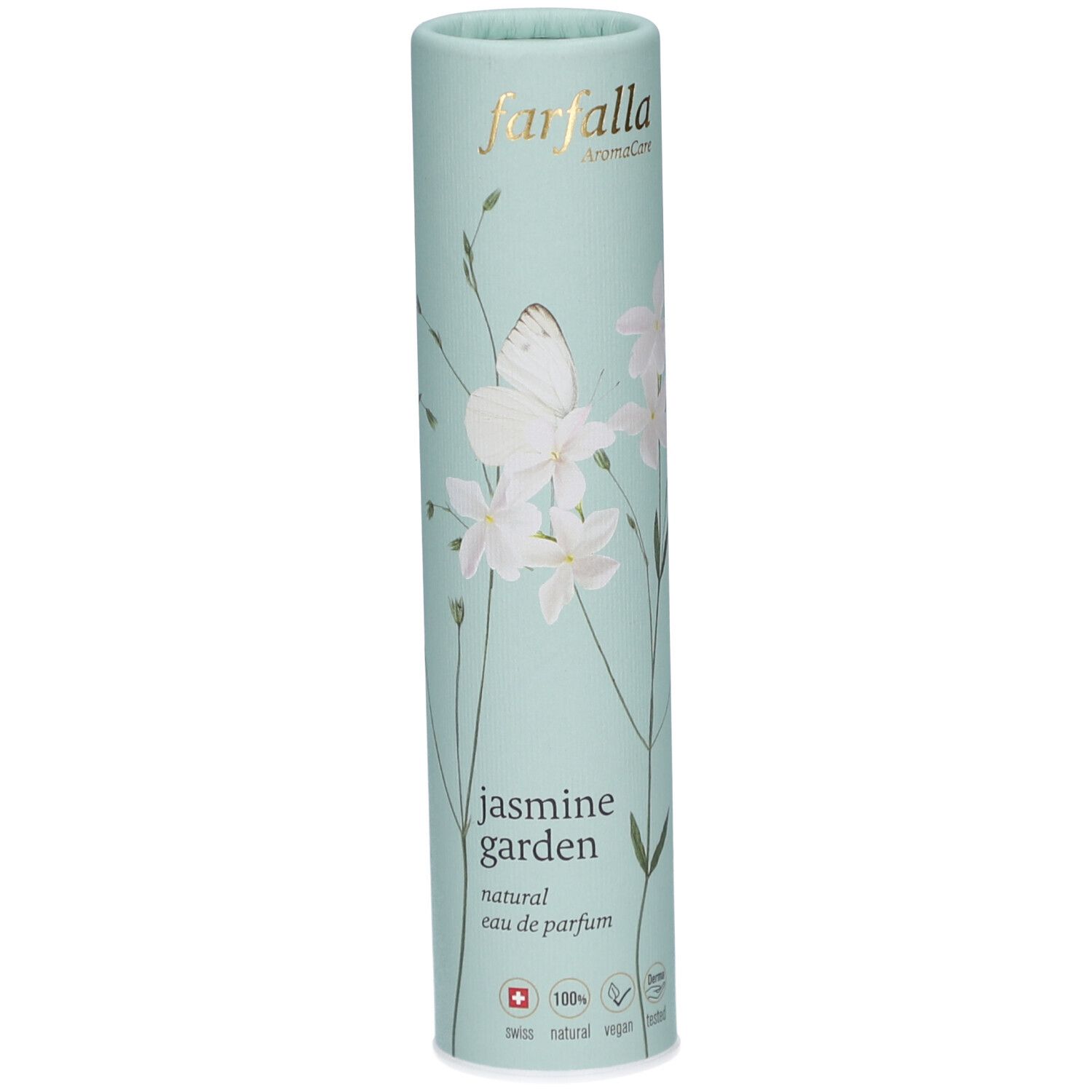 Cilindrische verpakking, lichtblauw met bloemmotief. Opschrift: Farfalla, Jasmine Garden, natuurlijk eau de parfum. Zwitsers kruis.