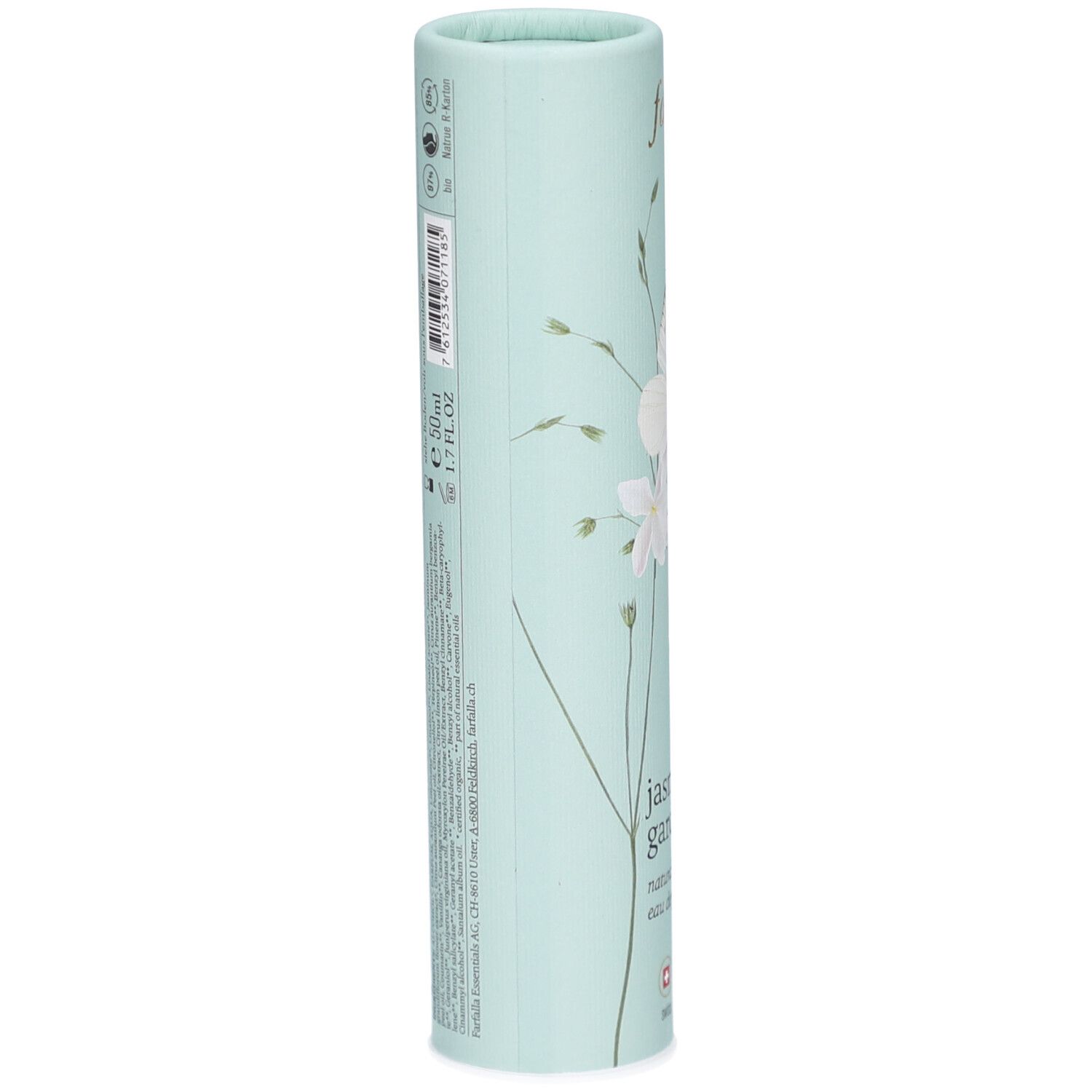 Cilindrische verpakking, lichtblauw met bloemmotief. Opschrift: Farfalla, Jasmine Garden, natuurlijk eau de parfum. Tekst en symbolen.