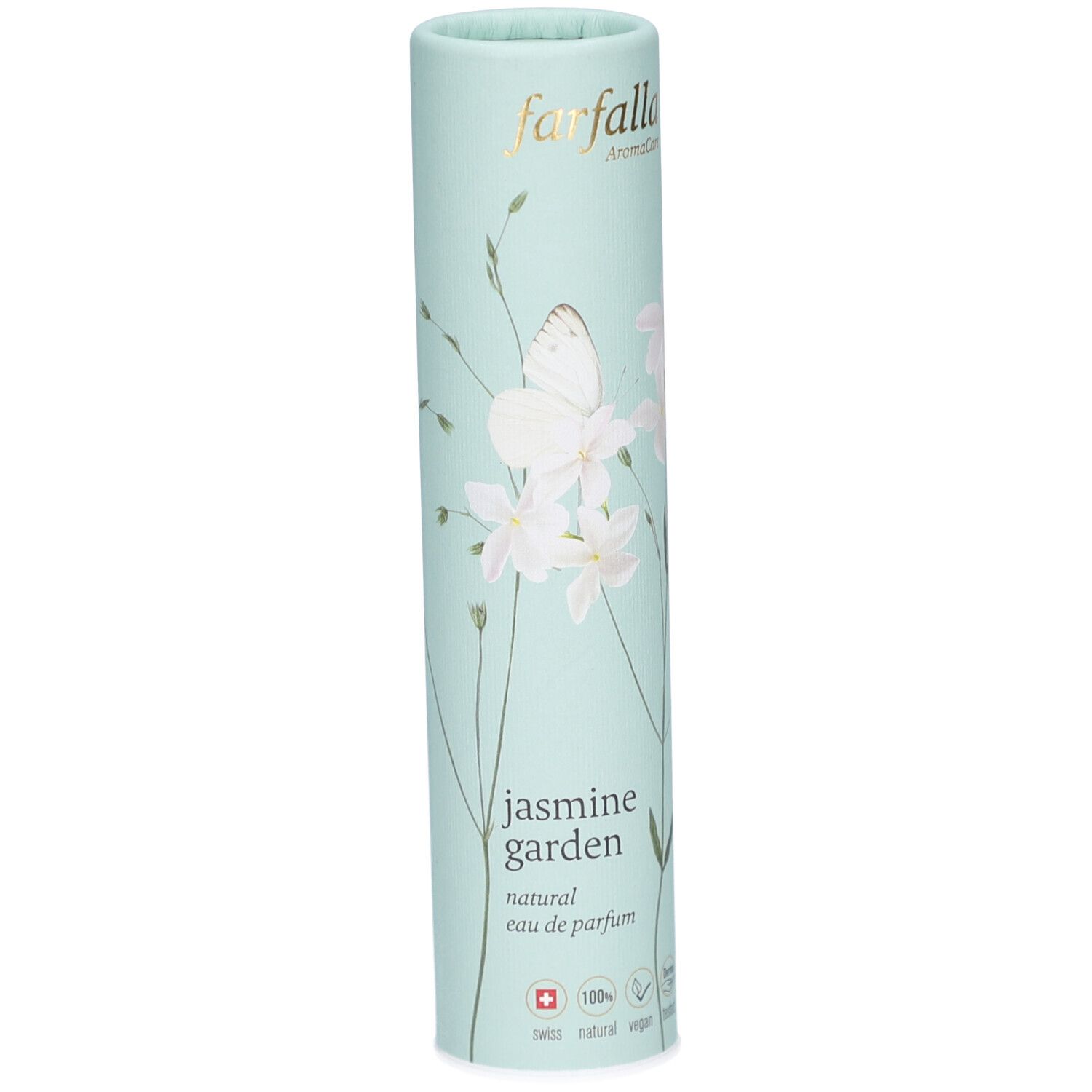 Cilindrische verpakking, lichtblauw met bloemmotief. Opschrift: Farfalla, Jasmine Garden, natuurlijk eau de parfum. Zwitsers kruis.