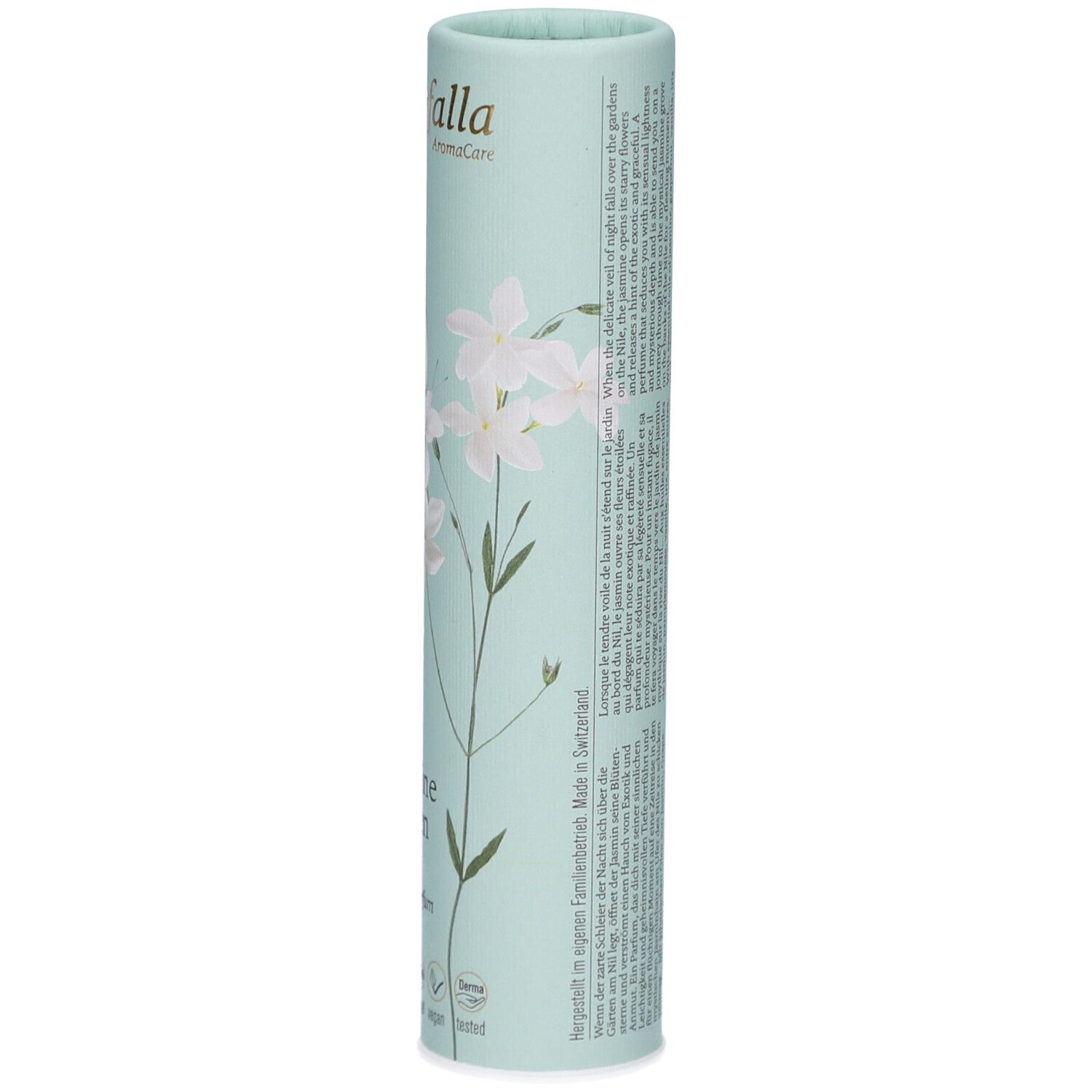 Cilindrische verpakking, lichtblauw met bloemmotief. Opschrift: Farfalla, Jasmine Garden, natuurlijk eau de parfum. Tekst en symbolen.