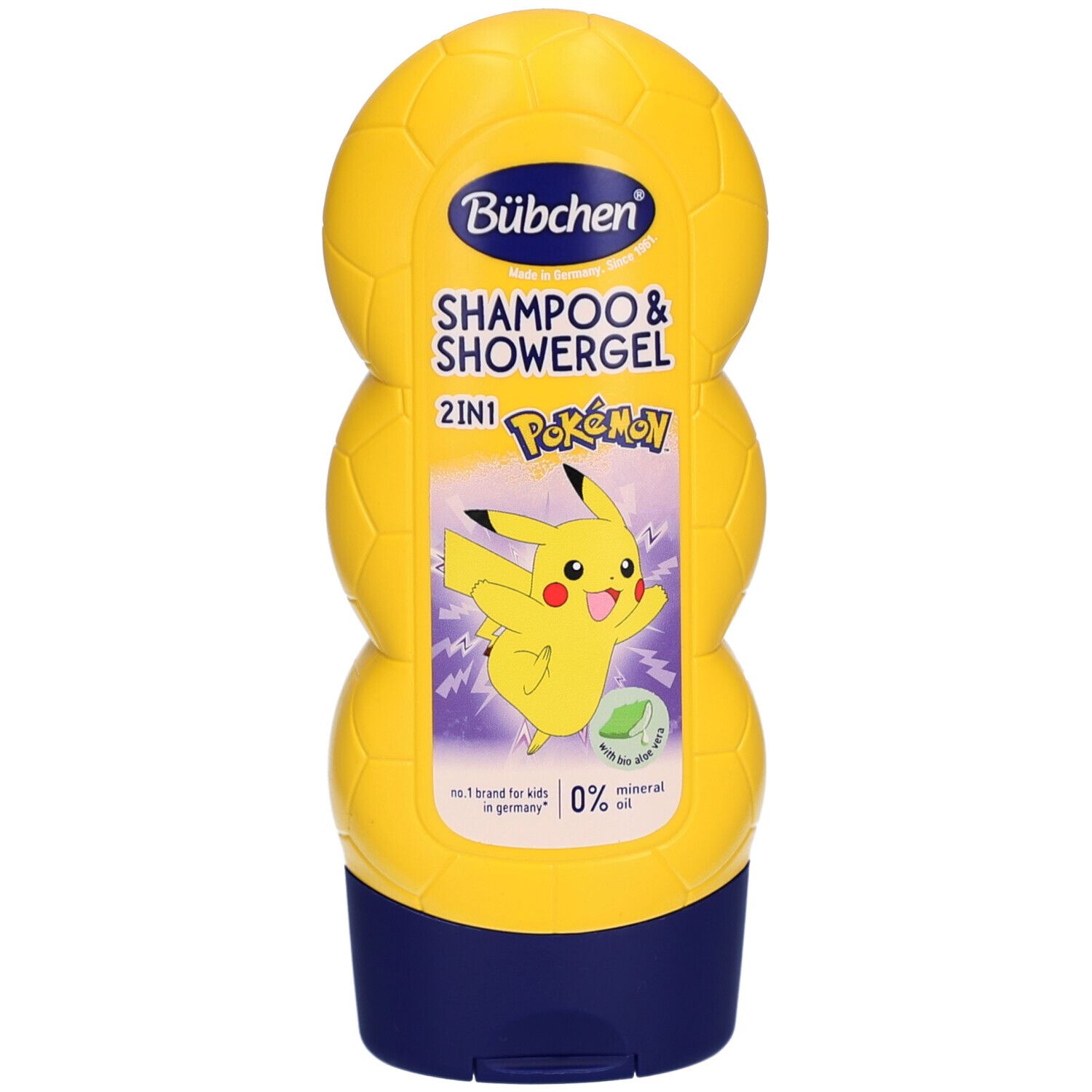 Geel-blauwe fles BÜBCHEN, Shampoo & Douchegel 2in1 Pokémon Pikachu. Met Pikachu-illustratie en 0% minerale olie.