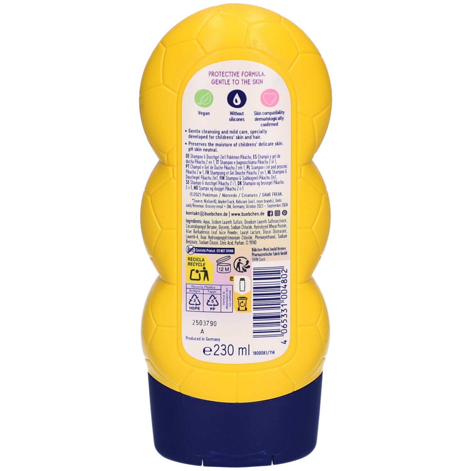 Achterkant van de geel-blauwe fles. Tekst: Protective Formula, mild voor de huid. Bevat informatie over ingrediënten en recycling.