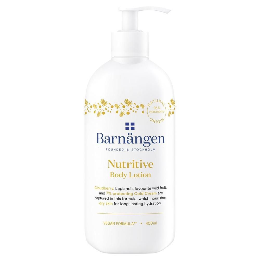 Witte fles met pomp. Opschrift: Barnängen Nutritive Body Lotion. Bloemenpatroon en tekst. Vegan.
