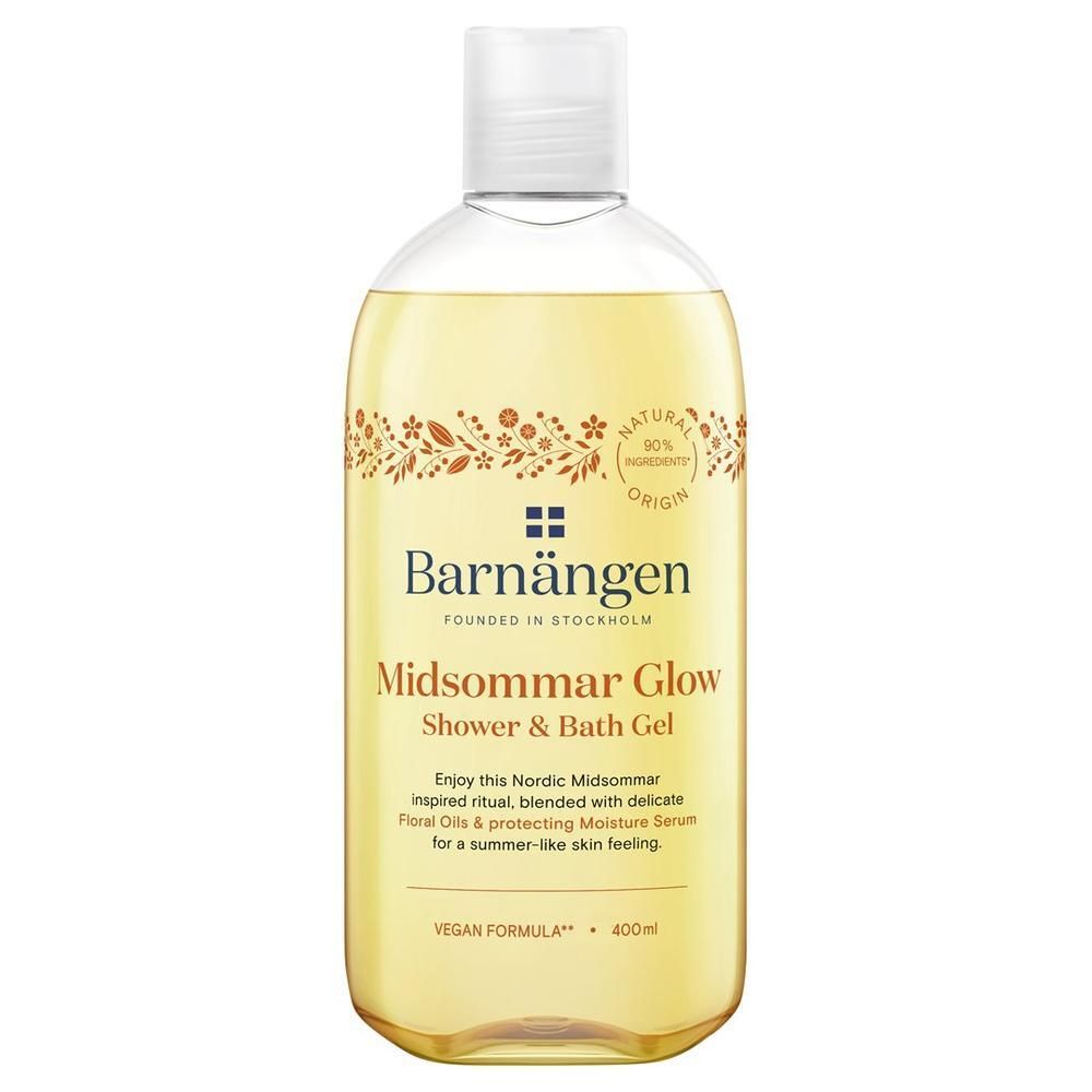 Flacon transparent contenant un liquide jaunâtre. Bouchon blanc. Inscription: Barnängen, Midsommar Glow Shower & Bath Gel.