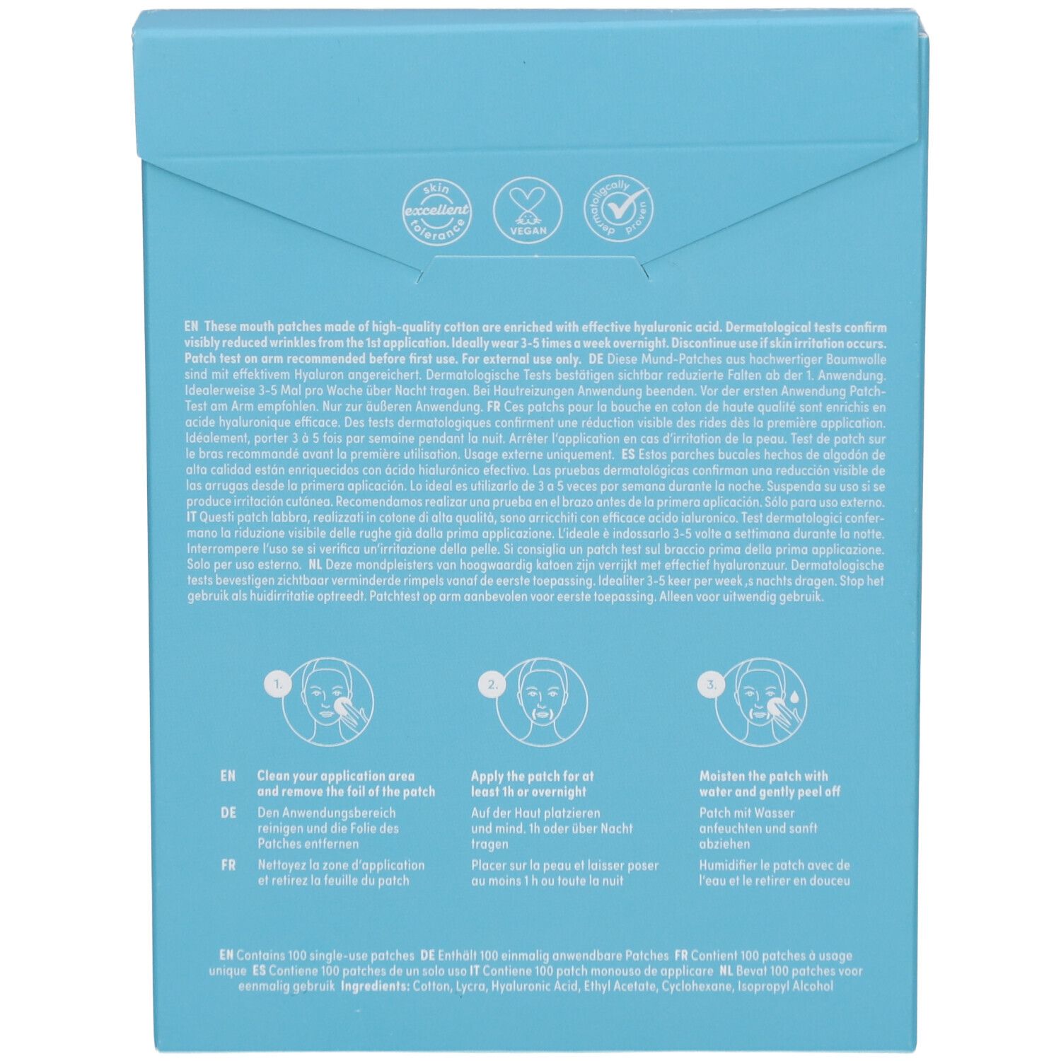 Dos de la boîte APRICOT bleu clair avec instructions d'utilisation en trois étapes et texte.