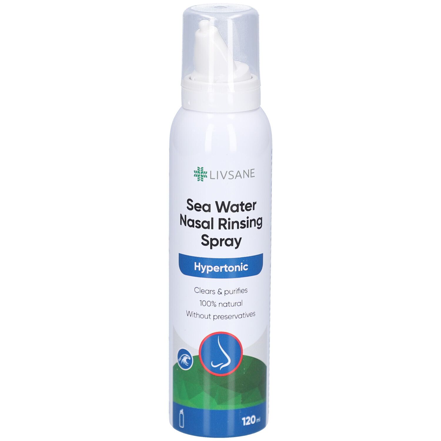 Spray nasal blanc avec embout. Inscription: LIVSANE, Sea Water Nasal Rinsing Spray, Hypertonic. 120 ml.