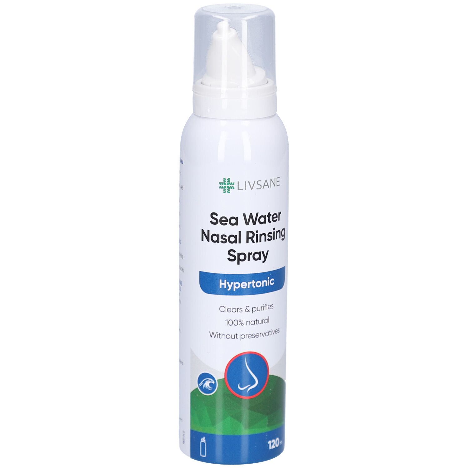 Spray nasal blanc avec embout. Inscription: LIVSANE, Sea Water Nasal Rinsing Spray, Hypertonic. 120 ml.