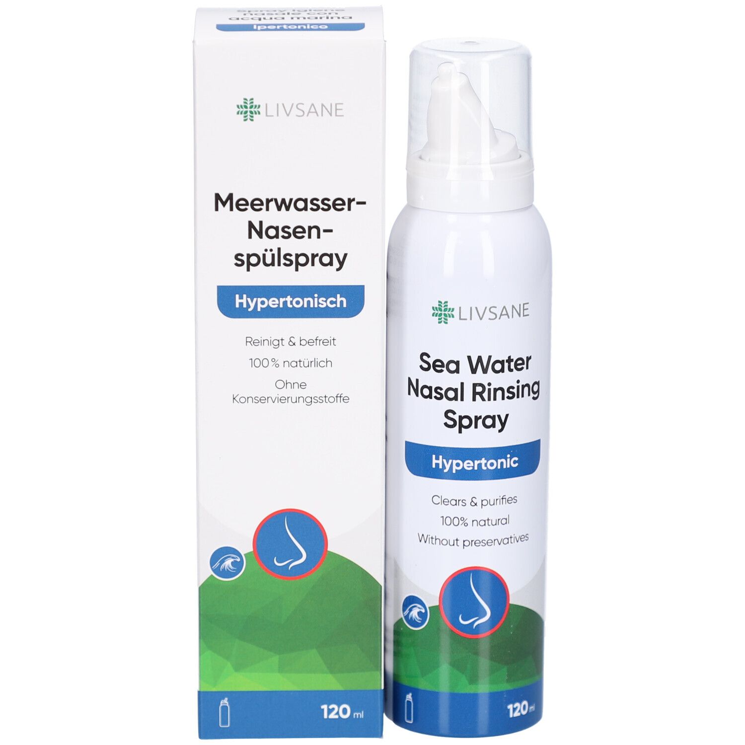 Spray nasal et emballage. Inscription: Meerwasser-Nasenspülspray, Hypertonisch. Logo LIVSANE. 120 ml.