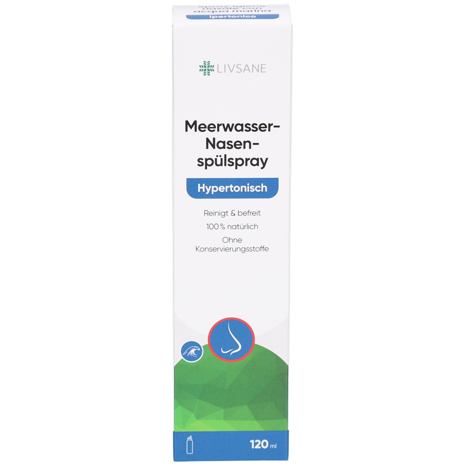 Emballage. Inscription: Meerwasser-Nasenspülspray, Hypertonisch. Logo LIVSANE. 120 ml.