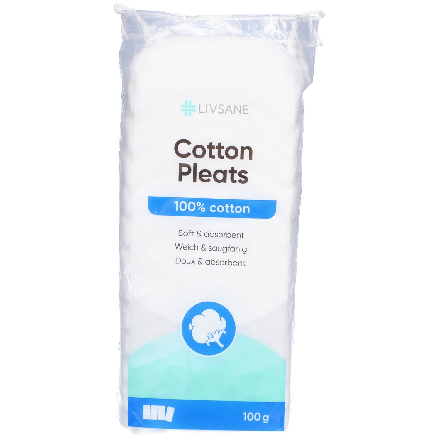 Verpakking met wattenschijfjes. Opschrift: Livsane Cotton Pleats, 100% katoen. Zacht & absorberend. Witte schijfjes in transparante folie.