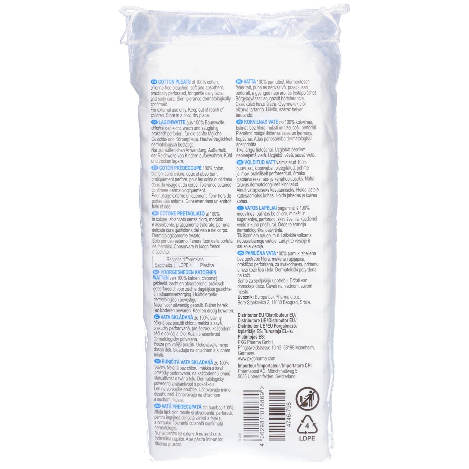 Achterkant van de verpakking met wattenschijfjes. Tekst in meerdere talen. Bevat informatie over ingrediënten en fabrikant.