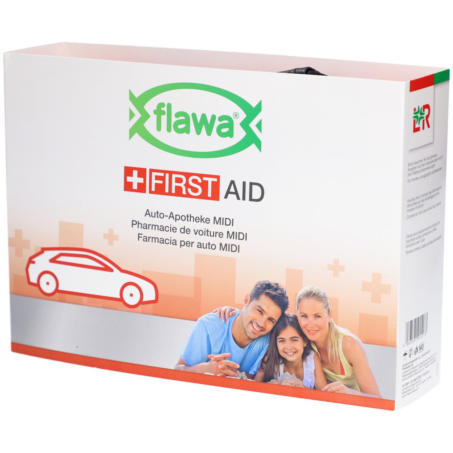 Emballage de la trousse de premiers secours MIDI flawa. Boîte blanche avec logo, texte et photo de famille. Symbole croix rouge.