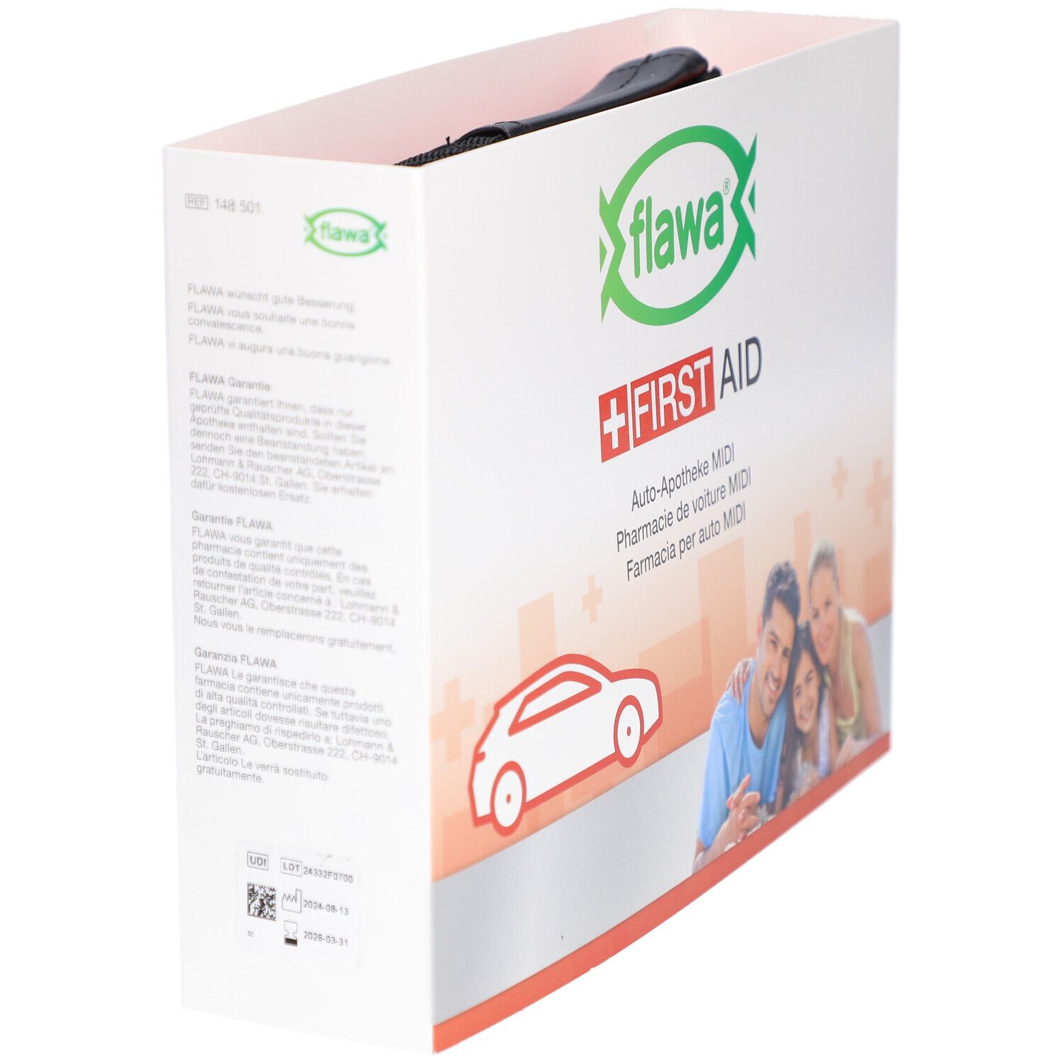 Emballage ouvert de la trousse de premiers secours MIDI flawa. Boîte blanche avec logo et texte. Contenu noir visible.