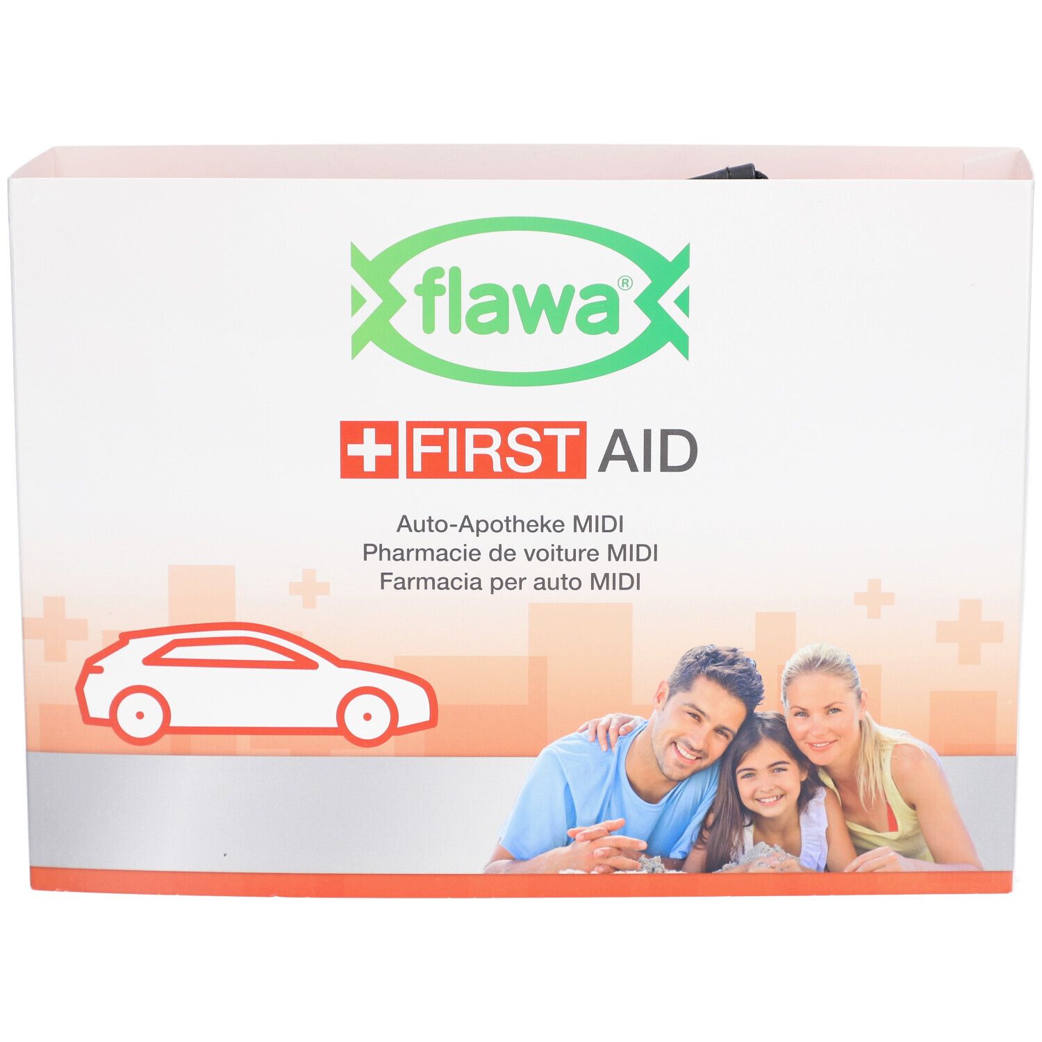 Emballage de la trousse de premiers secours MIDI flawa. Boîte blanche avec logo, texte et photo de famille. Symbole croix rouge.